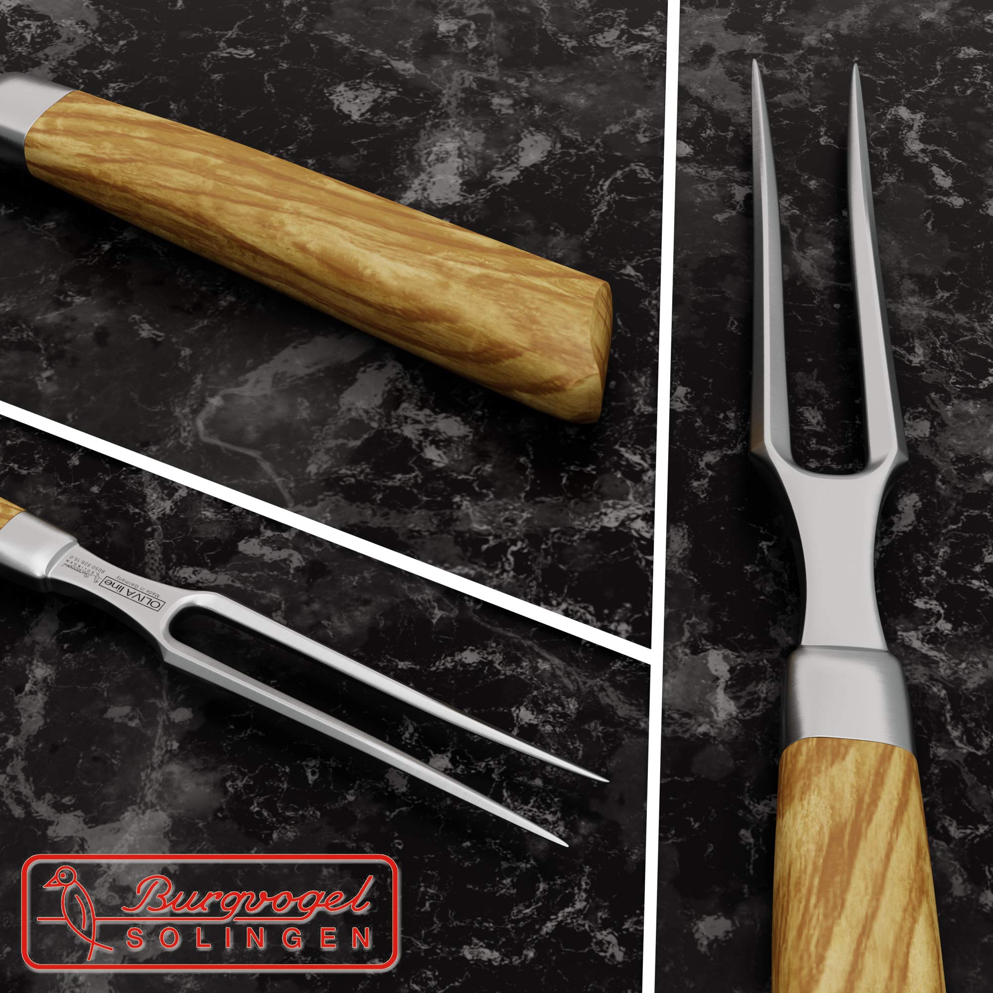 Burgvogel Solingen Fleischgabel 15 cm geschmiedet Olivenholz, Oliva Line, Grillgabel rostfrei, Wurstgabel, deutsche Tranchiergabel, Braun Beige, A 6“ = 15 cm, 8050.926.15.0