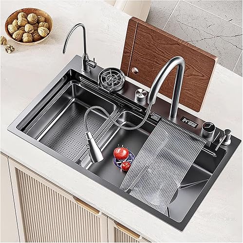 Fregadero de cocina de cascada negra con grifo combinado de lavabo de cristal, función de pantalla digital, botón de piano, lavabo de estación de