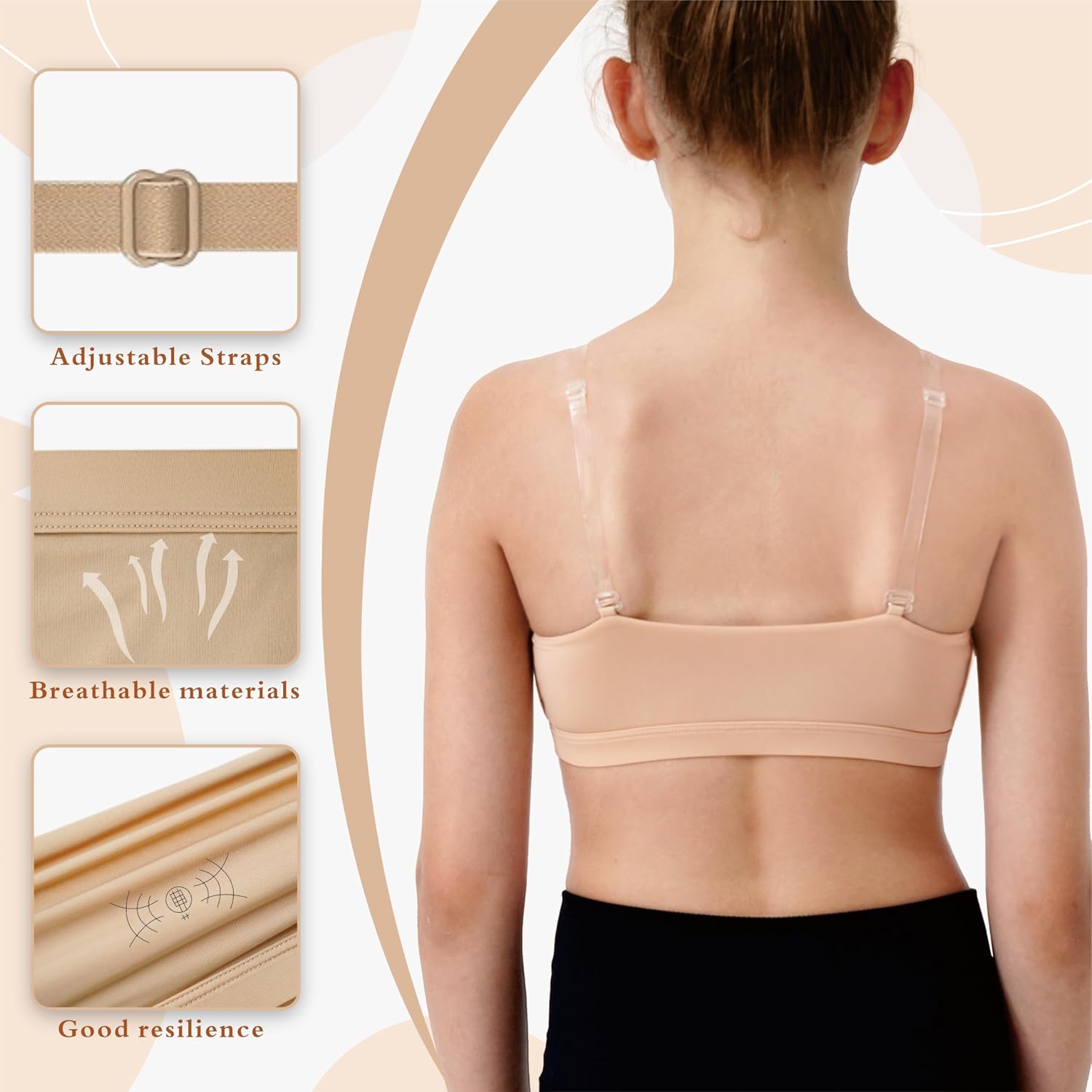 Dance Gymnastic Ballet Sport Bras for Girls Nude Training Bra for Teen | Training Sport Underwear,Tan Bra for Children Teens,Adjust Teen Bra, Girls undergarment, Clear straps and Pads