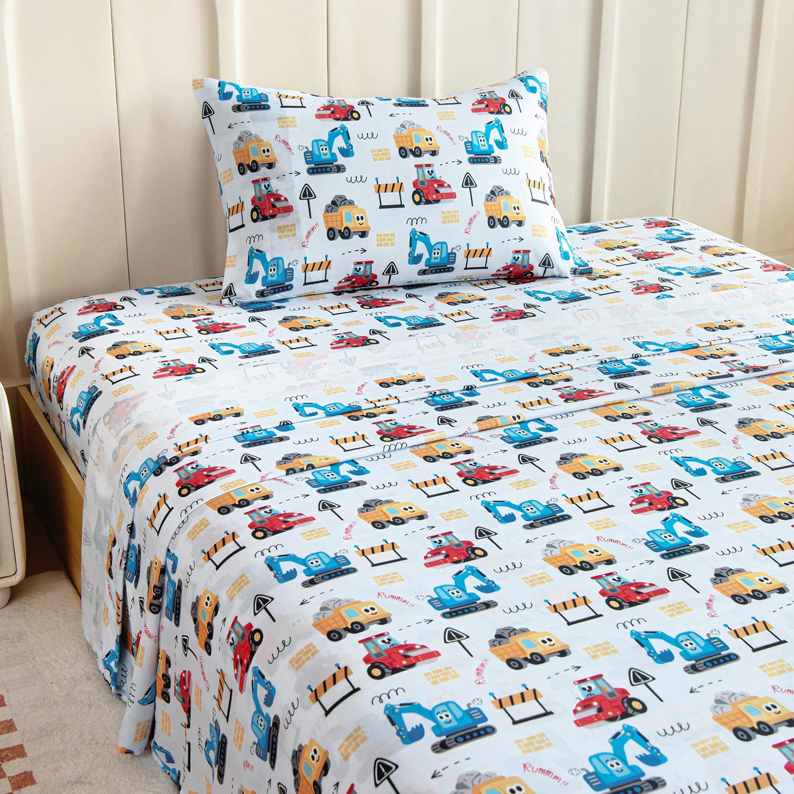 Twin Sheet Set Kids - Cars 3 Pieces Soft Microfiber Cartoon Style Bedsheets for Boys Girls Teens, Oeko TEX Breathable 15 Inch Deep Pocket Sheets(Engineering Cars)