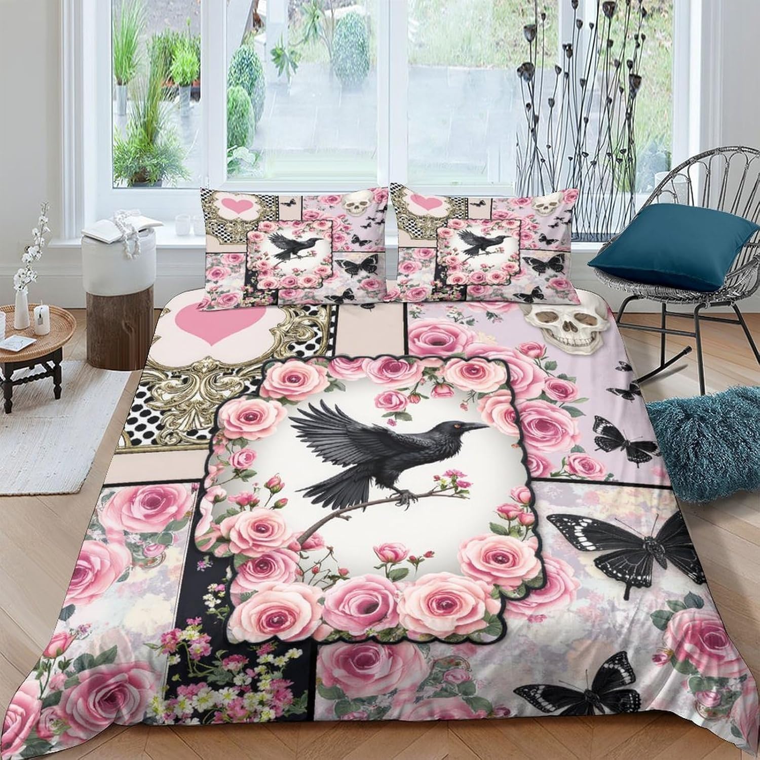 Parure de lit corbeau 240x260 rose gothique avec housse de couette 3 pièces