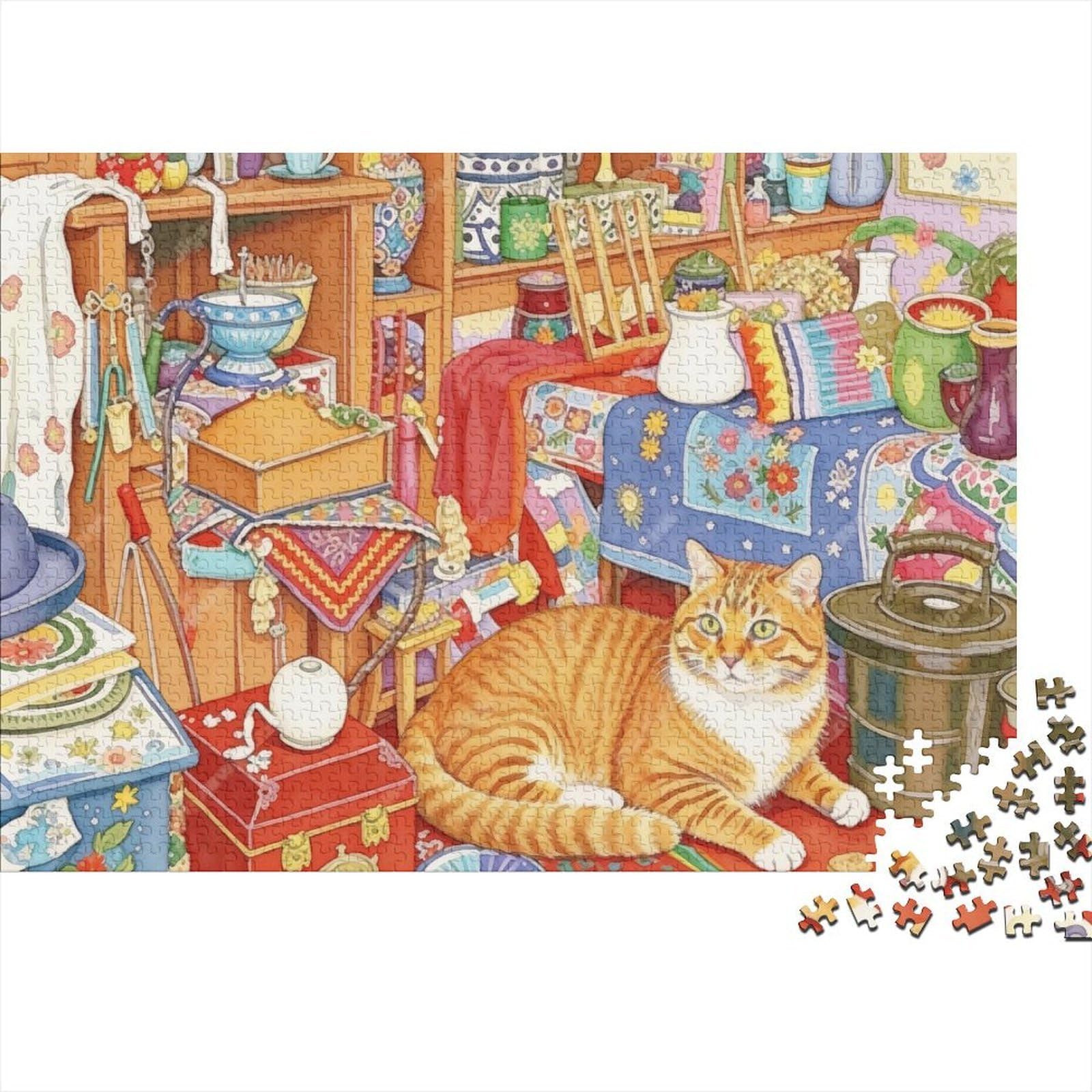 Zy Tabby Cat Art 1000pc Jigsaw Puzzle Recycled Thick Board Vintage Cat Room Decor for Adults & Family Precision Cut Matte Finish 38x26cm/1000pcs