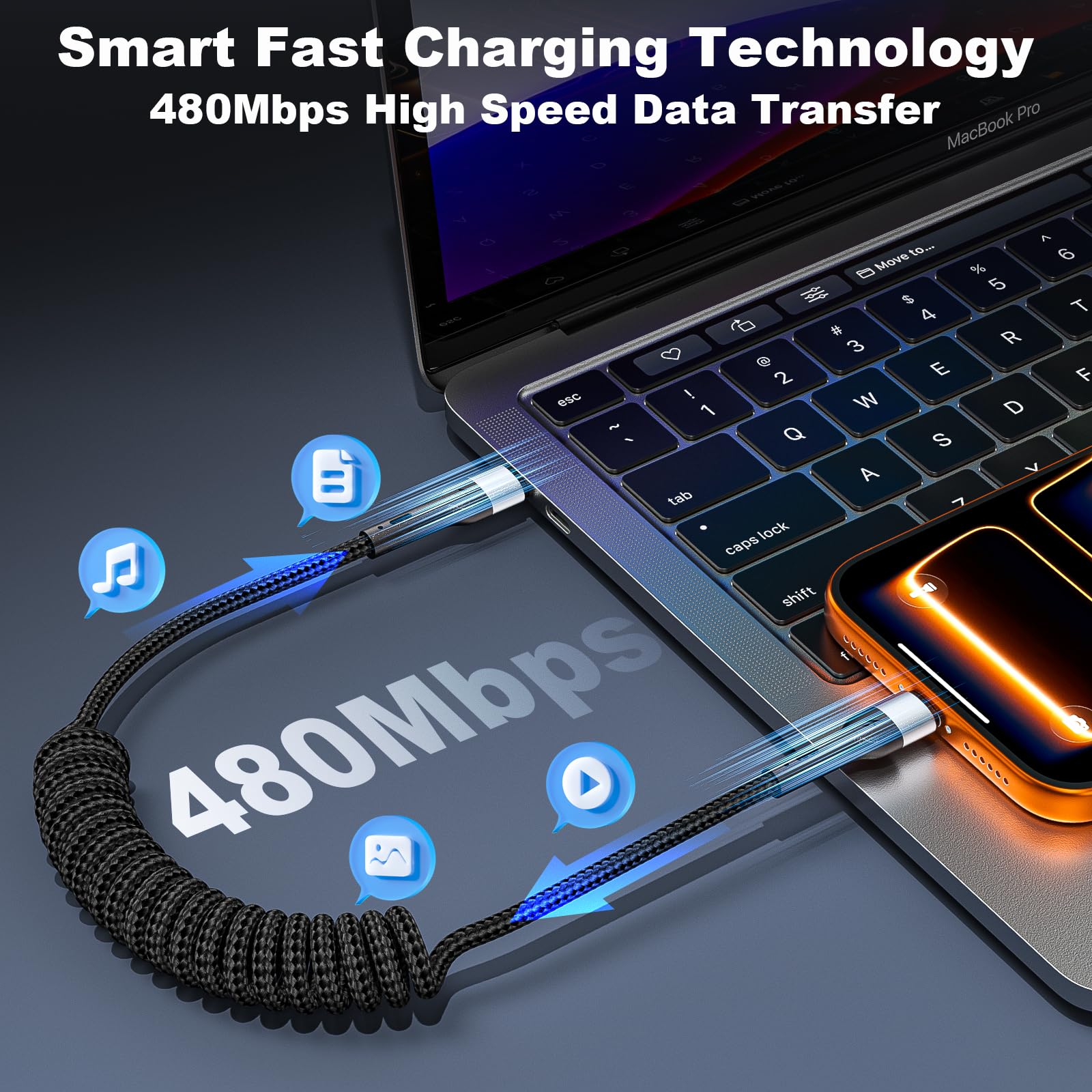 Cavo USB C a C da 0,9 m, confezione da 2 cavi di ricarica USB C a spirale per auto tipo C cavo di ricarica rapida per iPhone 17/16/15/Plus/Pro/Pro Max/Samsung Galaxy S23 cavo USBC intrecciato in nylon