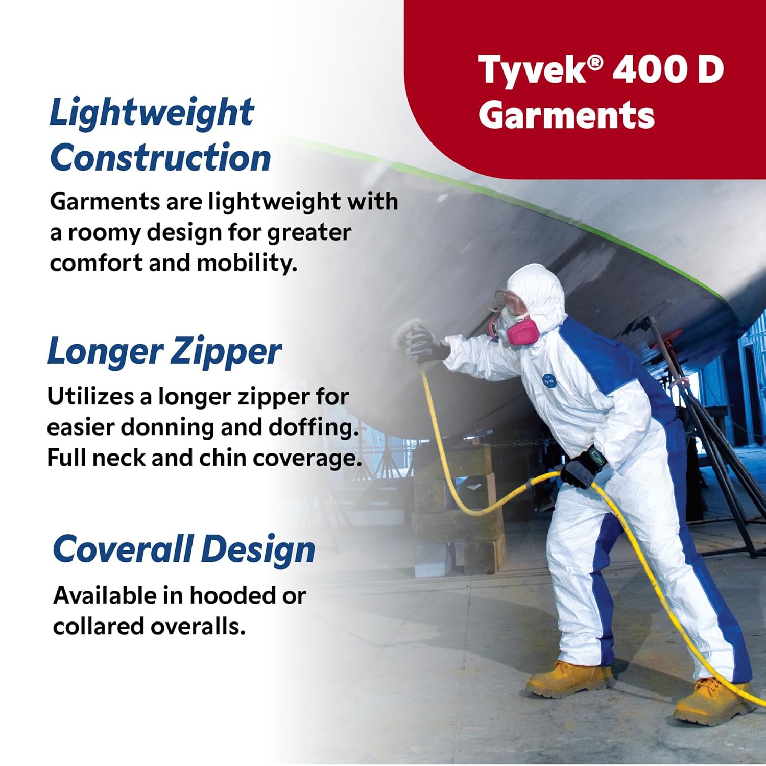 DuPont Tyvek 400D TD127S ProShield Protective Coverall with Zipper Front, Hood and Elastic Cuffs, White/Blue, 3X-Large (Pack of 25)