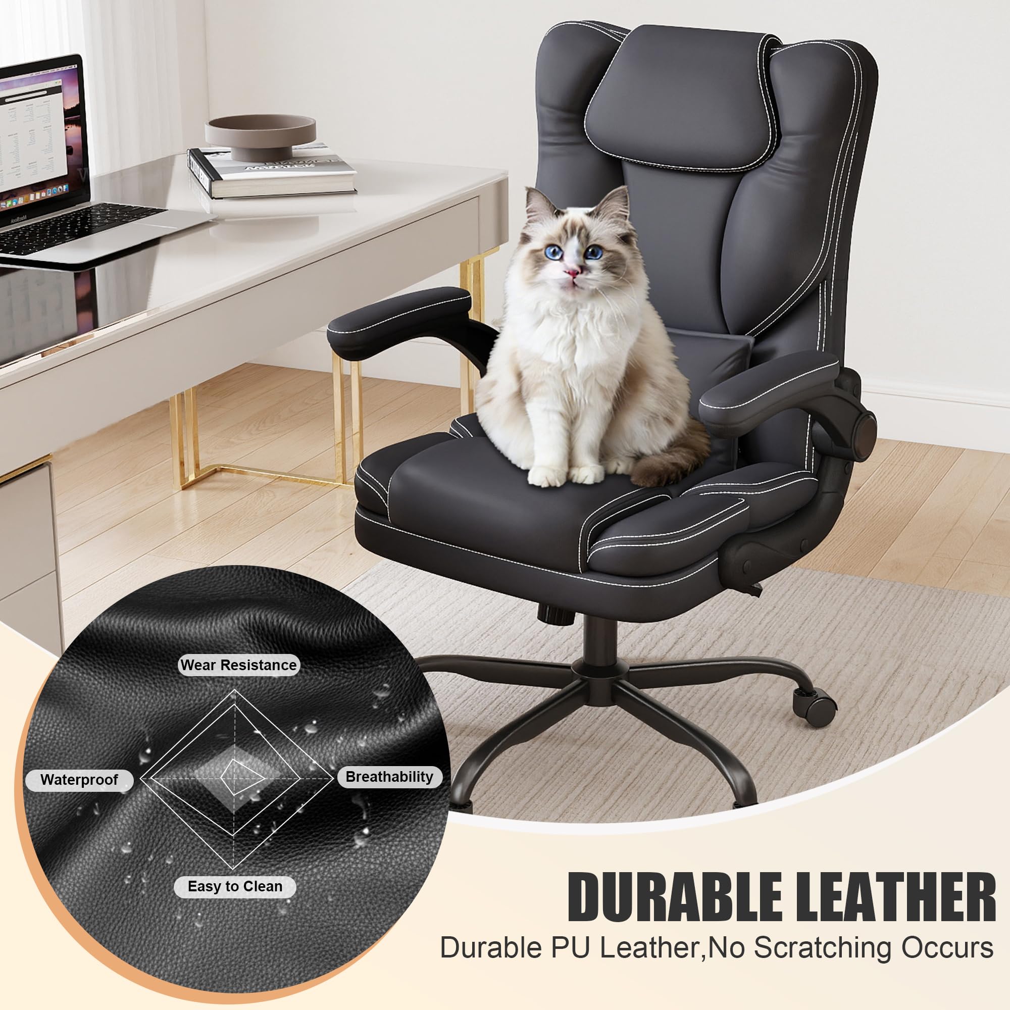 Ergonomic Office Chair with Flip-up Armrests 300lbs Middle-Tall Computer Office Desk Chair with Lumbar Support Executive Leather Chair — view 4