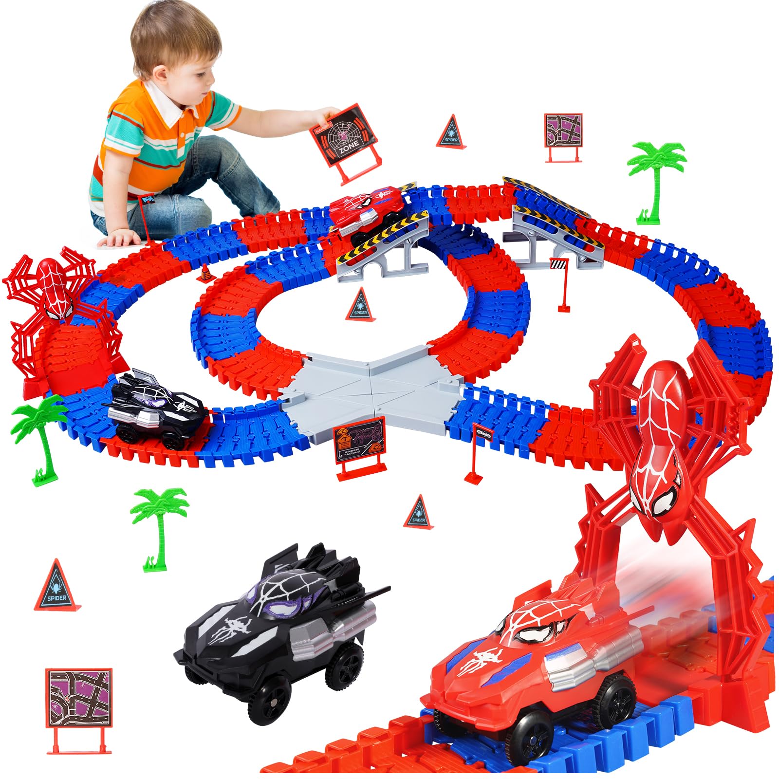 Spinnenspielzeug Bausatz für Rennstrecken, 2 Spinnen-Autos, 1 Spinnen-Bogenständer, STEM-Bauspielzeug für Jungen und Mädchen von 3 4 5 6 7 8 Jahren, Geburtstags Kinder