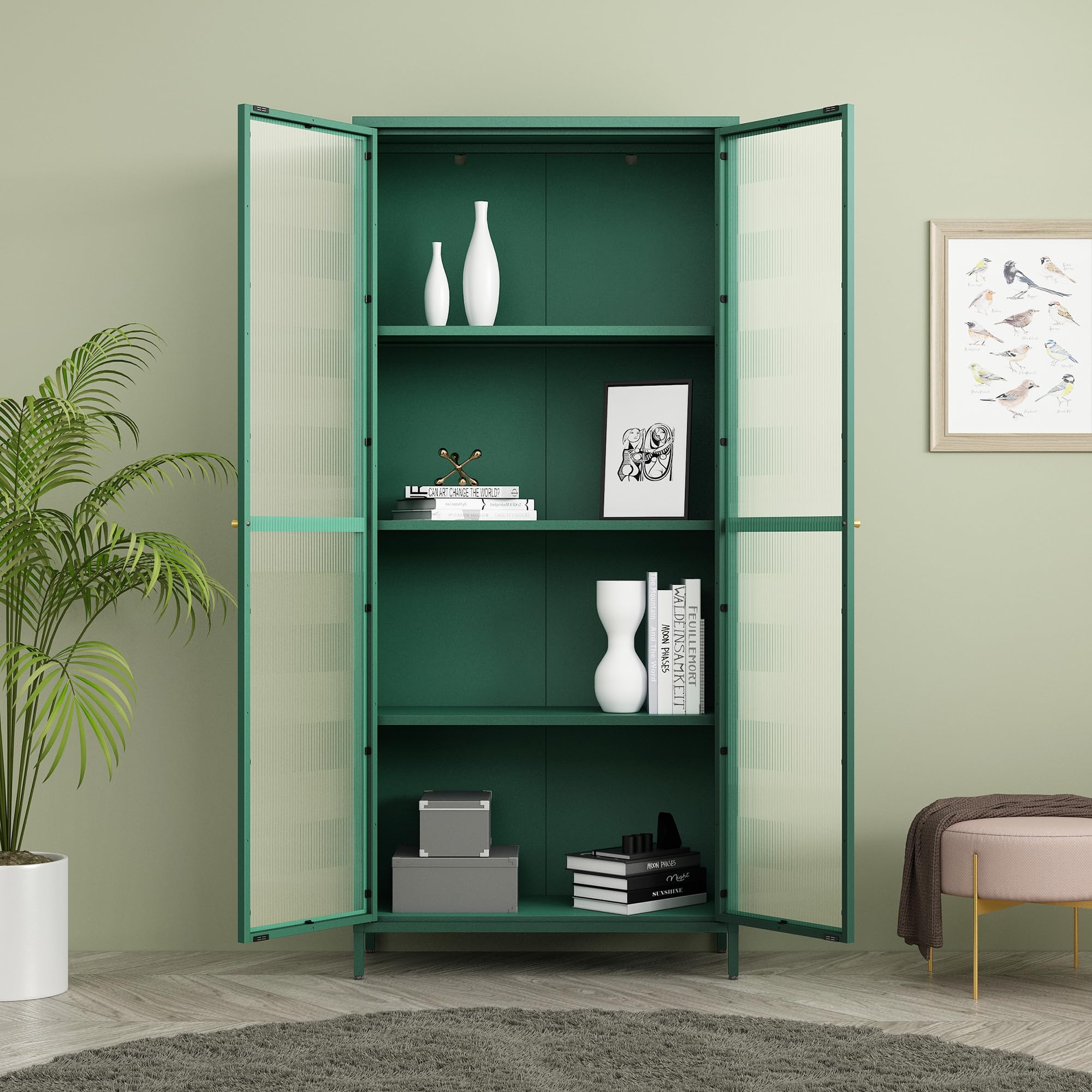 Armoire Vitrée Bibliothèque 180x80x35 Cm - Portes En Verre, 4 étagères, Structure Acier - Vert Sapin, Pour Salon/cuisine
