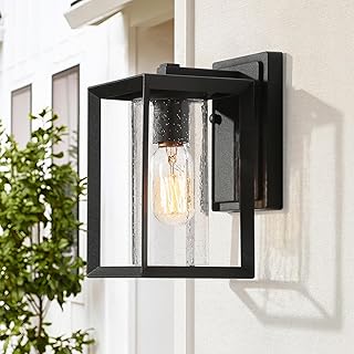 Uolfin Black Outdoor Wall Lights, Modern Farmhouse Outdoor Light Fixtures for Patio, Square Exterior Wall Mounted Lantern with Seeded Glass Sand Grain Finish