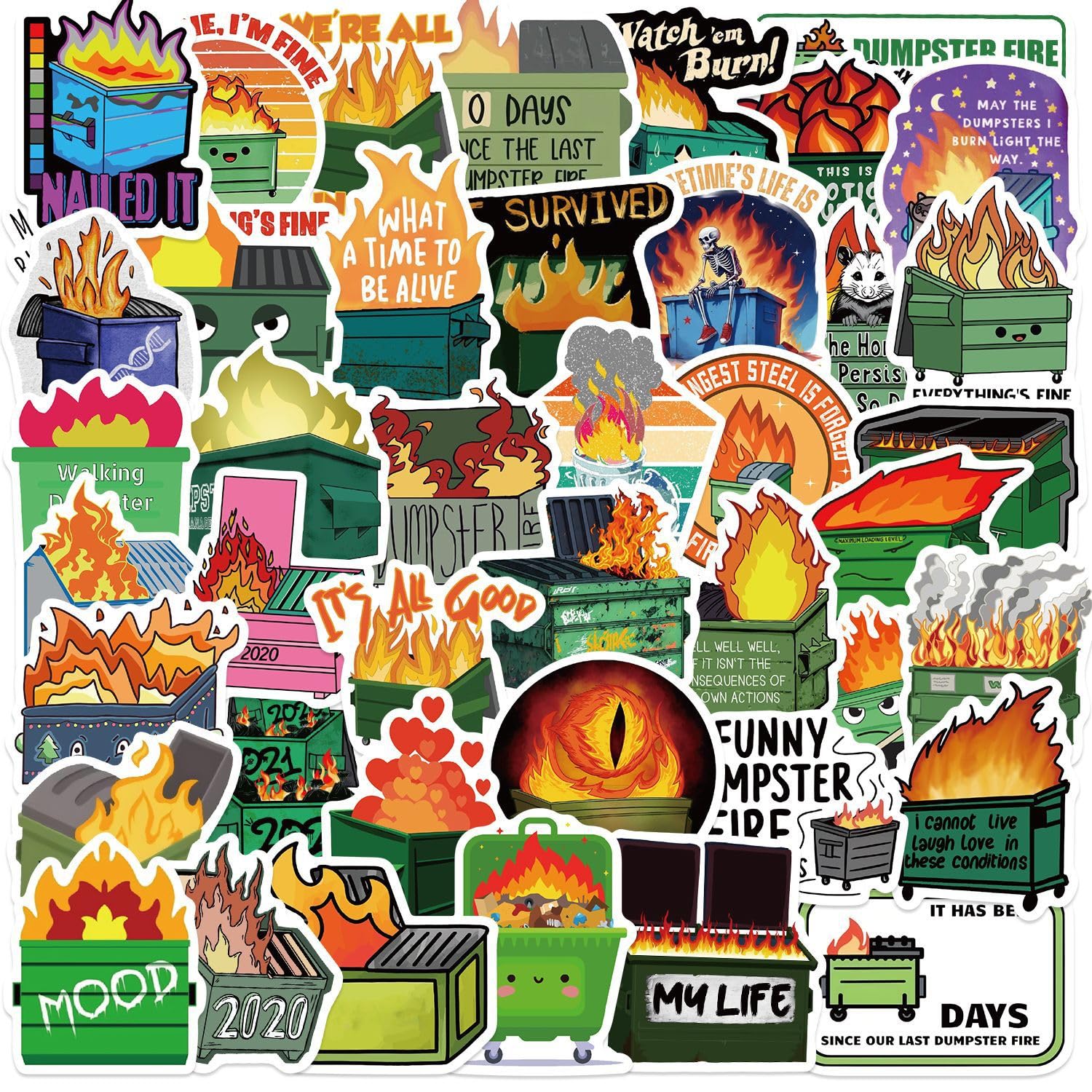 50Pcs Dumpster Fire Stickers Laptop Car Scrapbook Phone Skateboard Suitcase Luggage Bike Funny Dumpster Fire Vinyl Waterproof Aesthetic Personalised Stickers for Teens Boys Girls Adults