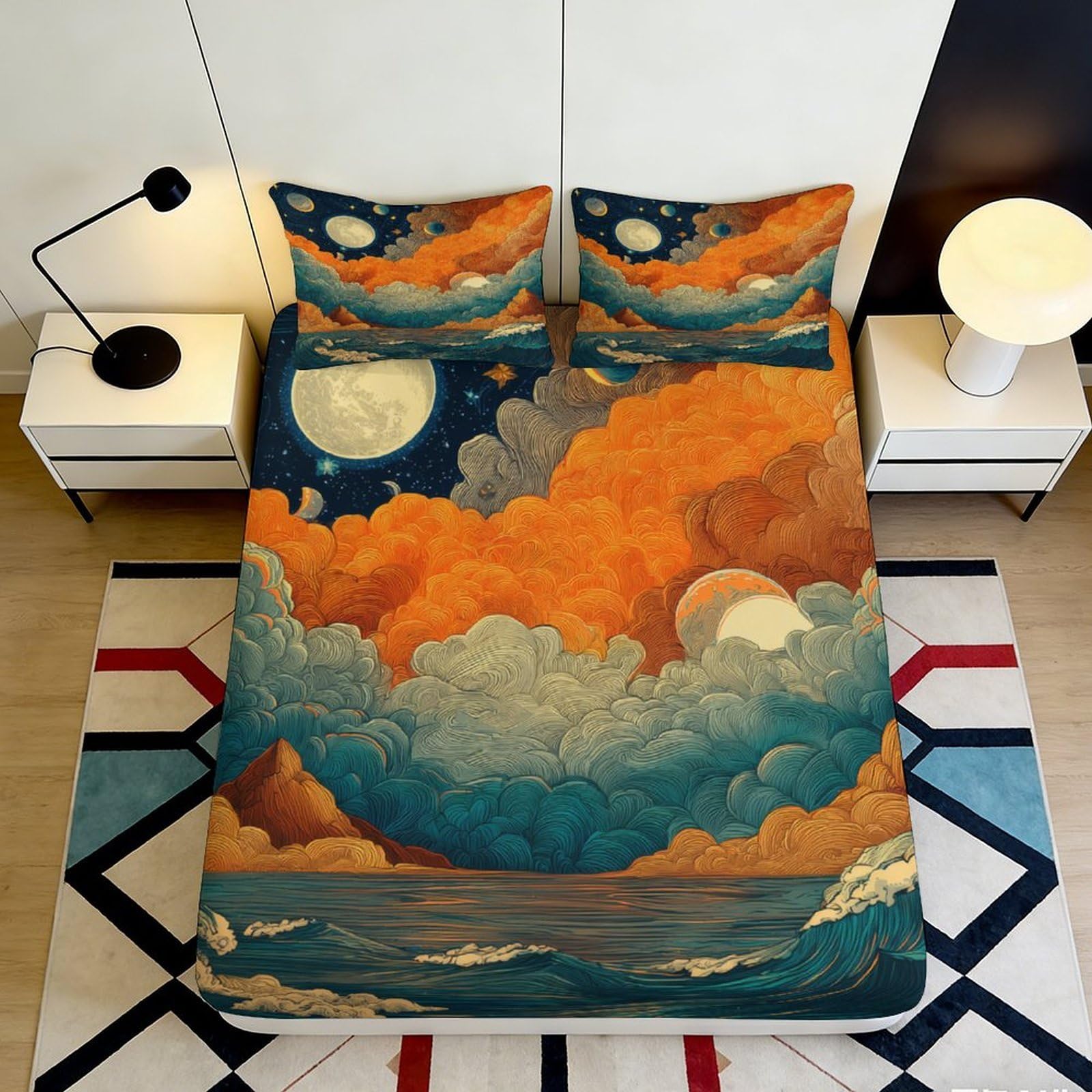 3D Printed Vintage Clouds Moon Fitted Sheet Microfiber Deep Pocket Non-Slip Vintage Clouds Moon Mattress Fitted Cover for Bedroom Bedding 180x200x25cm