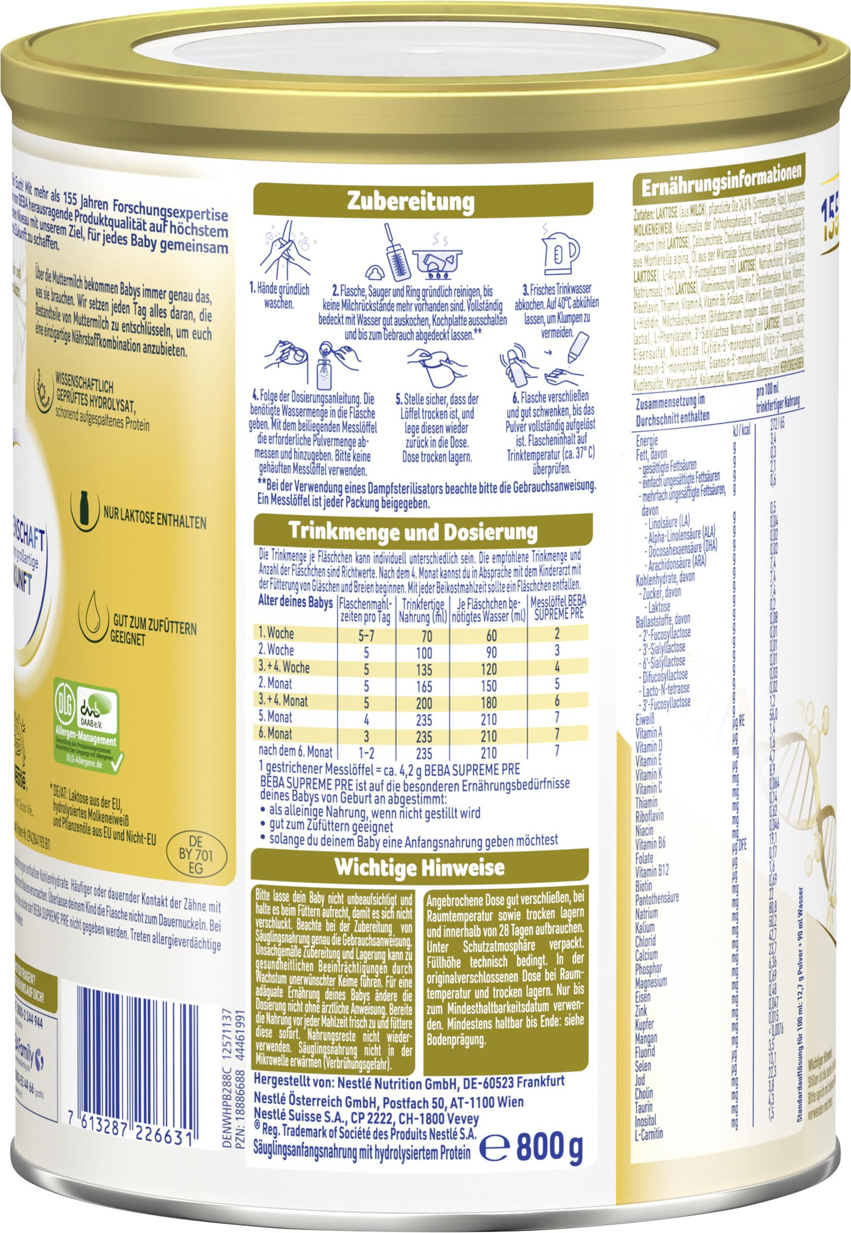 BEBA SUPREME PRE - Anfangsmilch von Geburt an, Patentiertes Produkt, Nur Laktose, Ohne Palmöl, Ohne Fischöl, Babynahrung, Baby-Milchpulver, 6er Pack (6 x 800g)