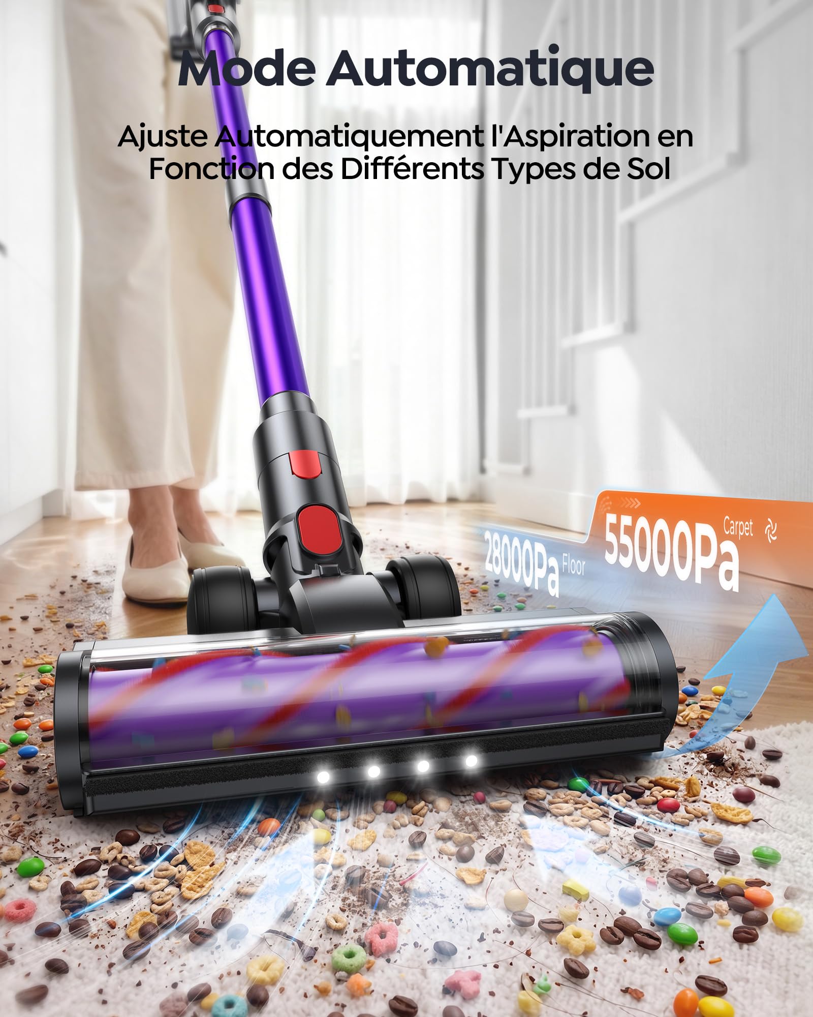 Fieety 80Min/650W/55KPa Aspirateur Balai sans Fil, 1.8L Aspirateur sans Fil Puissant, Batterie Optimisée, Brosse Anti-Enchevêtrement, Écran LED, Rechargeable Support Mural, Parfumé, Sols Durs (Violet)