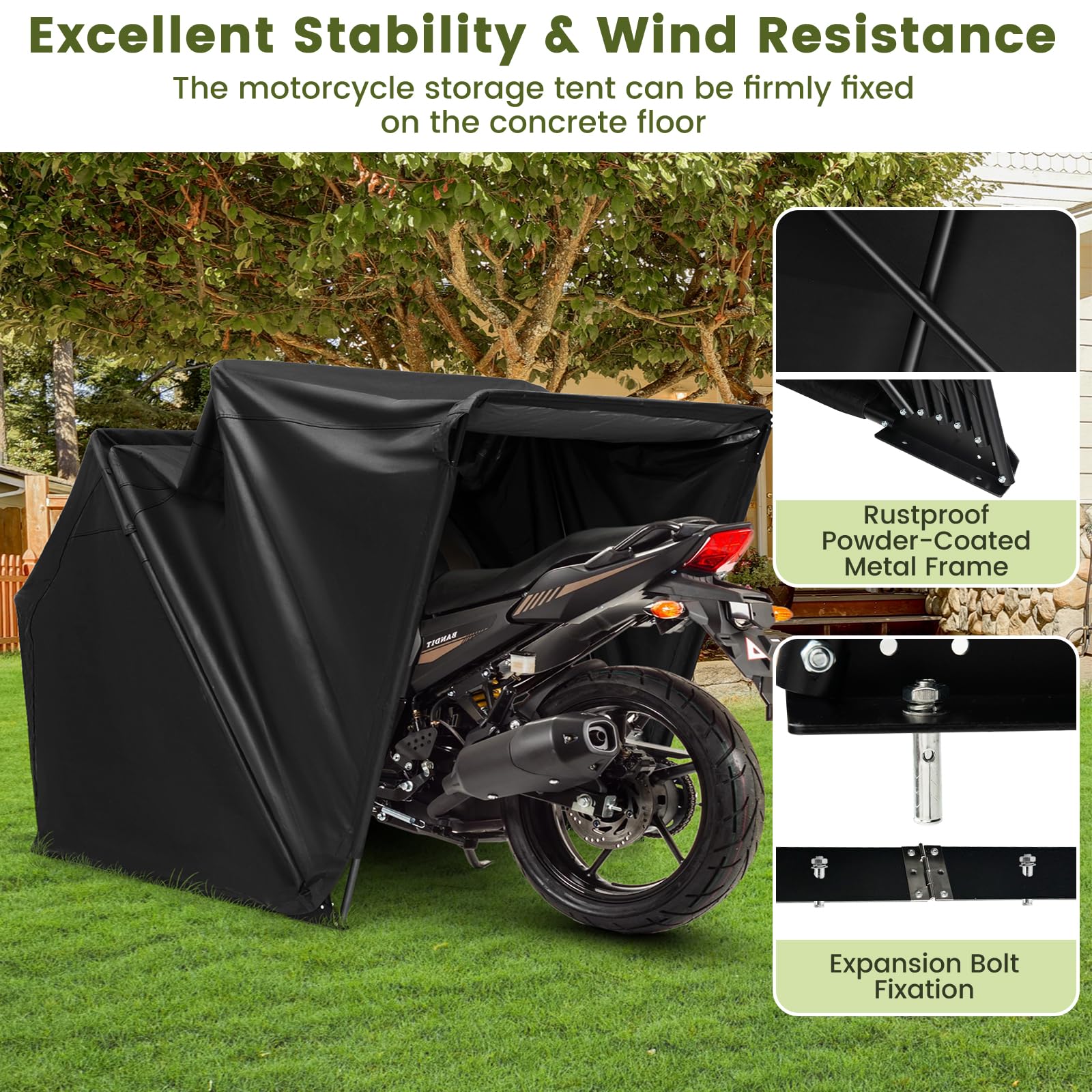 SOARS Abri de Jardin 342 X 137 X 193 CM, Housse Moto Exterieur en Tissu Oxford Imperméable, Base en Métal, Construction Stable, Fenêtre Enroulable, pour Moto, Velo, Jardin, Outils