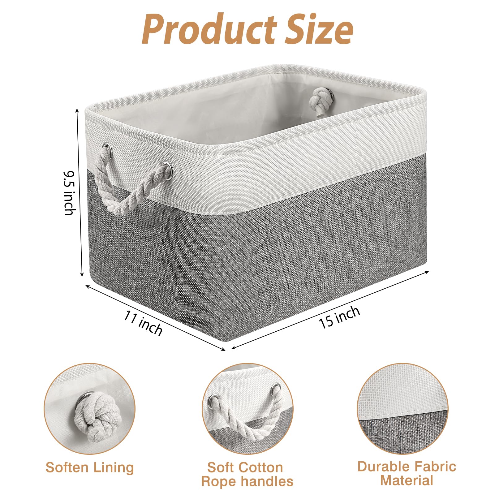 Dovesail Storage Basket (3 Pack), Fabric Storage Bins 15” (L) x11” (W) x9.5” (H) for Shelves, Foldable Large Canvas Storage Baskets with Handle for Organizing Clothes Nursery Laundry-White&Grey