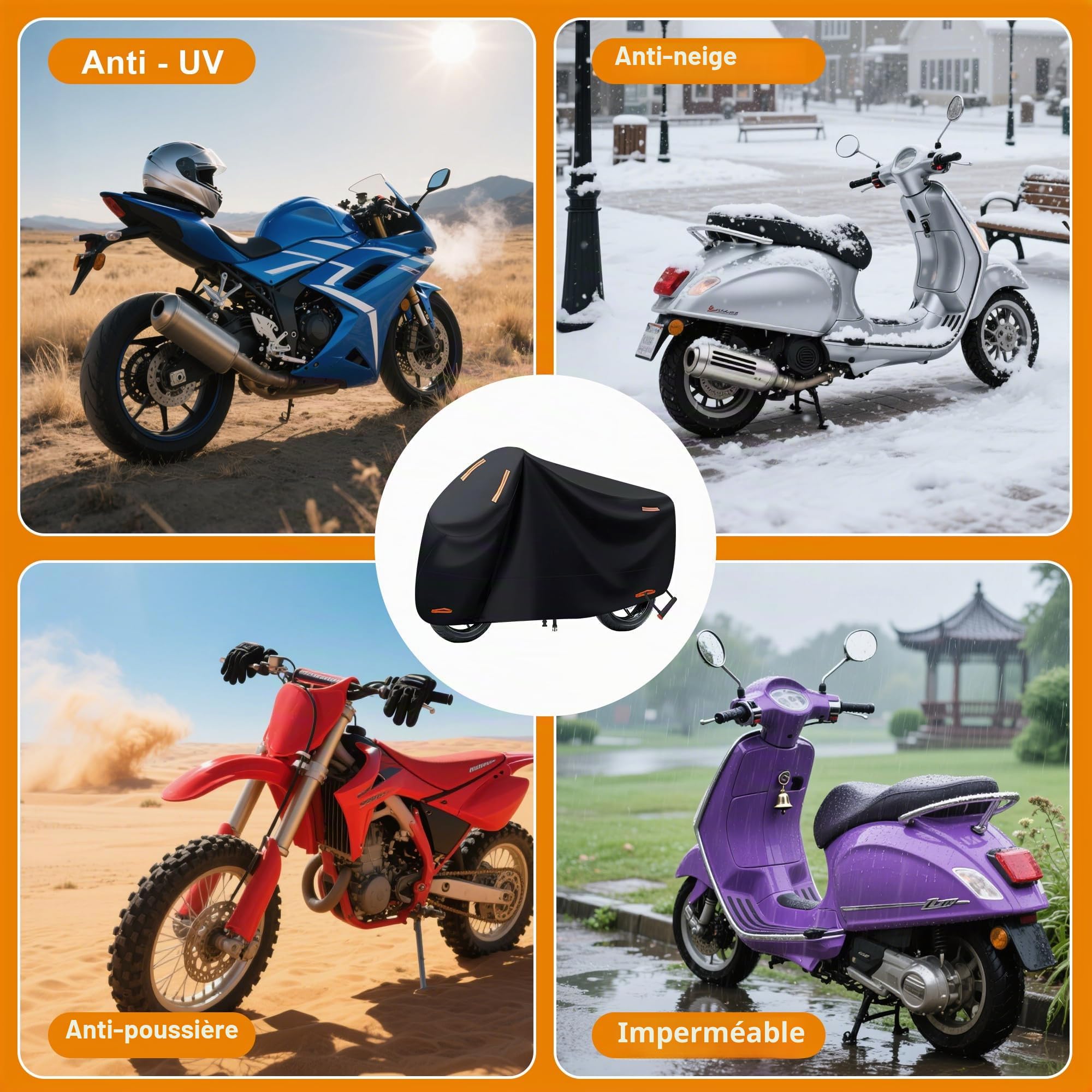 Bache Moto, Bache Moto Exterieur Etanche, Protection extérieure Contre Le Froid et Le Soleil avec Trou de Serrure, Housse Moto Exterieur adaptée à Une variété de modèles (245x105x125 cm)