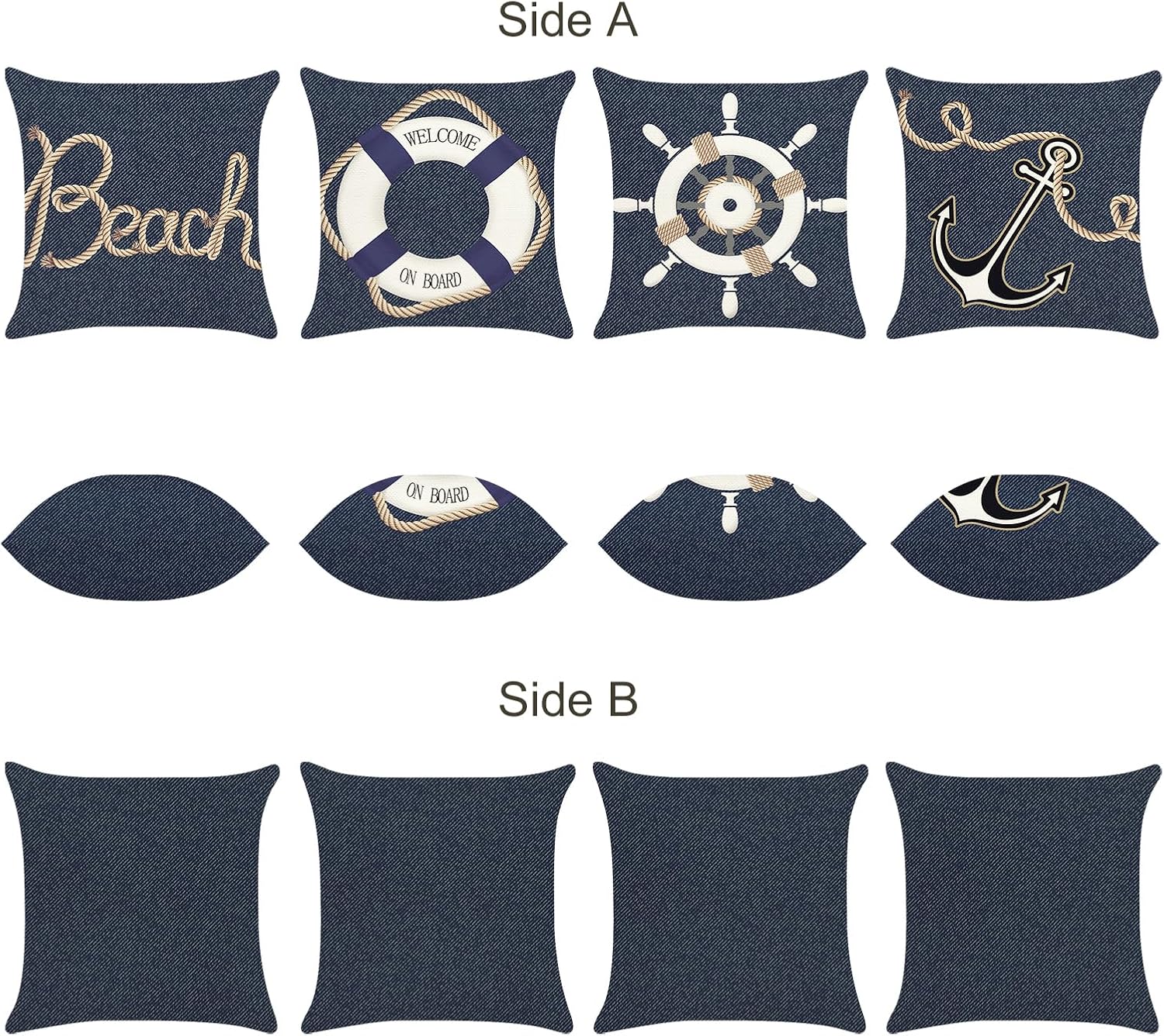 Bonhause Nautical Pillow Covers 18 x 18 Inch Set of 4 Anchor Marine Denim Navy Blue Decorative Pillows Case Polyester Linen Outdoor Cushion Covers for Couch Sofa Bed Home Decor - Image 2