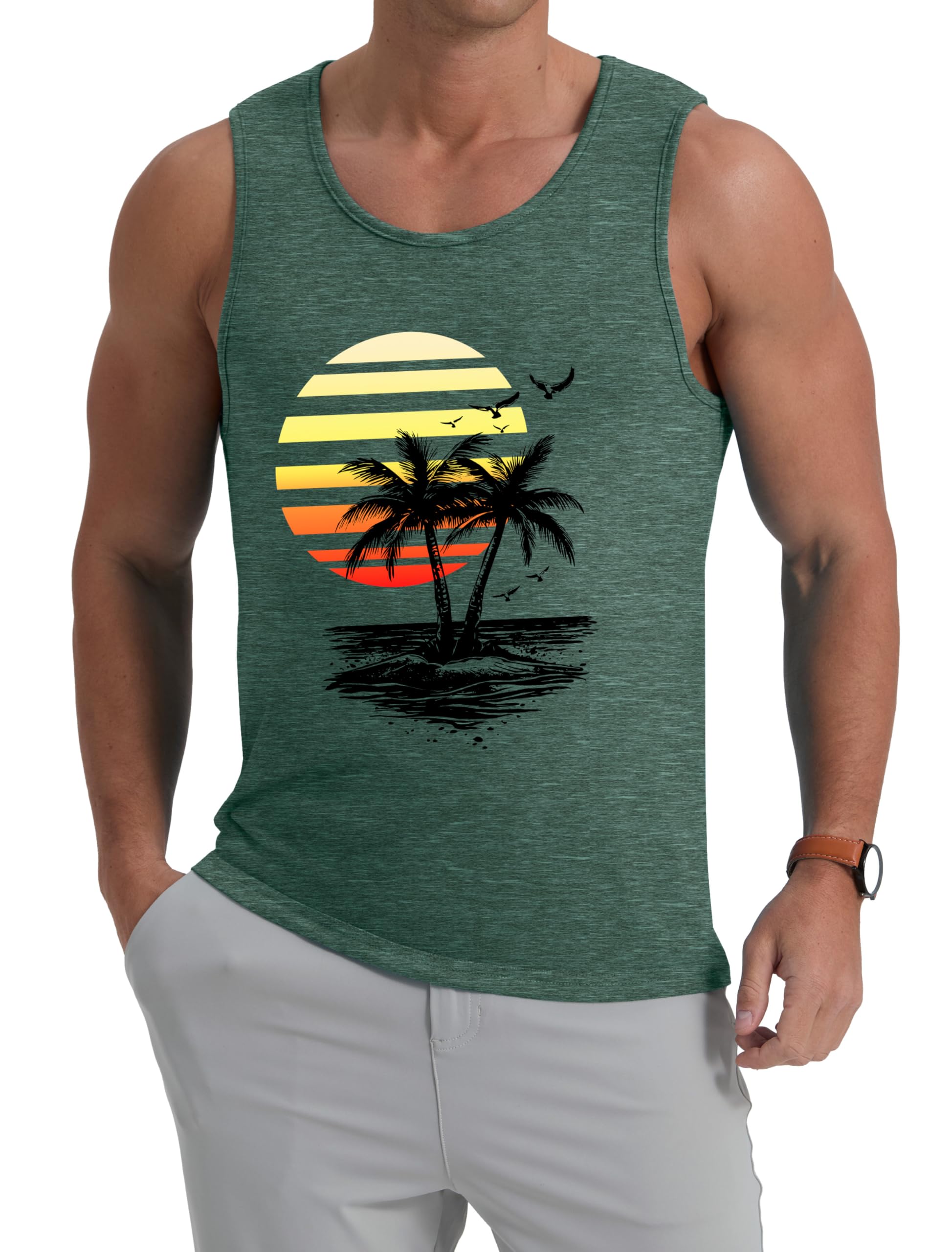 IWOLLENCE Chaleco de algodón para hombre, estampado hawaiano, cuello redondo, playa, vacaciones, casual, sin mangas, para hombre