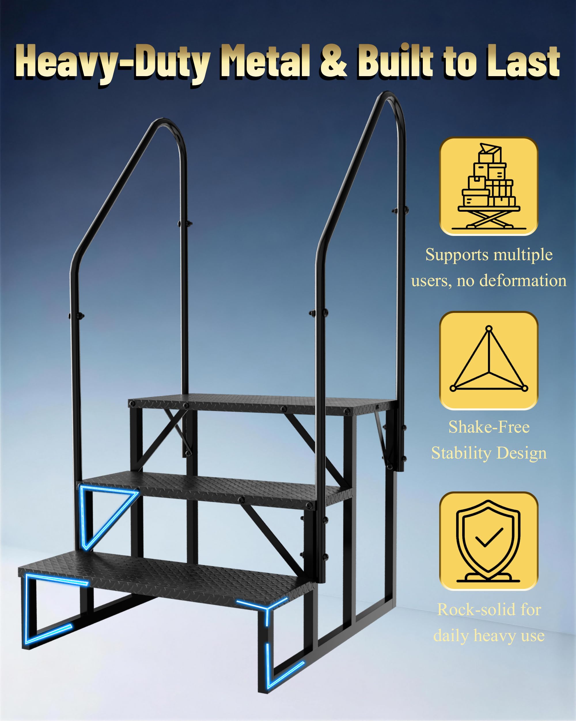 3 Stufen Trittstufe mit Handlauf, RV Trittleiter|Poolleitern|Leiter im Freien Haustiertreppe, Standtreppe Hocker Kinder aus Stahl Max 300 kg, Haushaltsleiter für Mobile Home (3 Stufen 2-Handlauf)