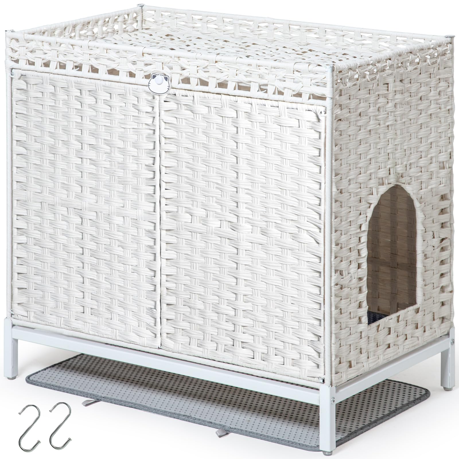 SETVSON Cat Litter Box Enclosure Furniture, Hidden Handwoven Rattan Litter Box with Mat, Large Cat House with Metal Heightened Feet, 30.3 x 18.3 x 28 Inches, Indoor for Living Room, Bedroom White