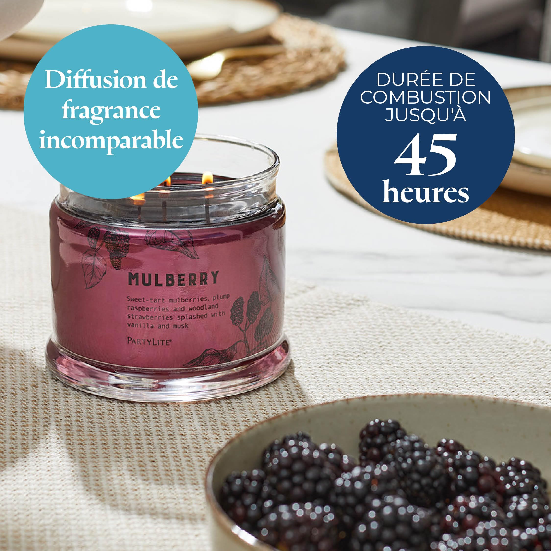 PartyLite Bougie en pot 3 mèches 374,2 g 45 heures Parfum mûre cassis grenade