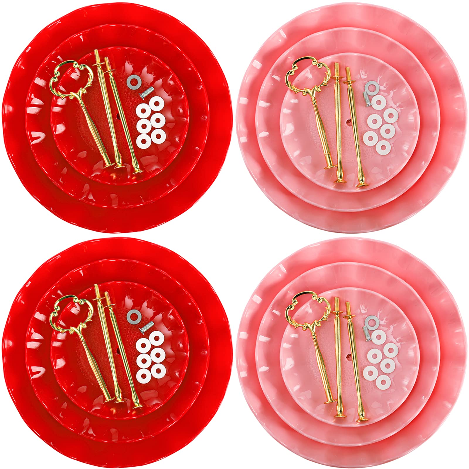 DEAYOU Paquete de 4 soportes para cupcakes de 3 niveles, torre de exhibición de postres de plástico, bandejas escalonadas para servir tartas con varilla dorada, bandeja para pastelería para bufé