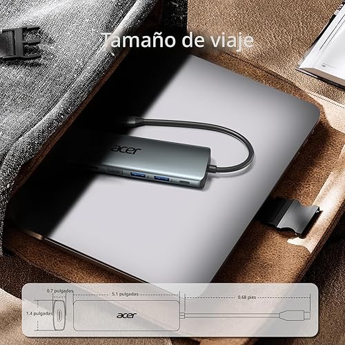 Miniatura 8 de Acer Hub USB C, divisor USB C a HDMI 7 en 1, 2 puertos USB 3.1 GEN1 y 5Gbps tipo C, puerto HDMI 4K, carga PD 100W, lector de tarjetas SD, para