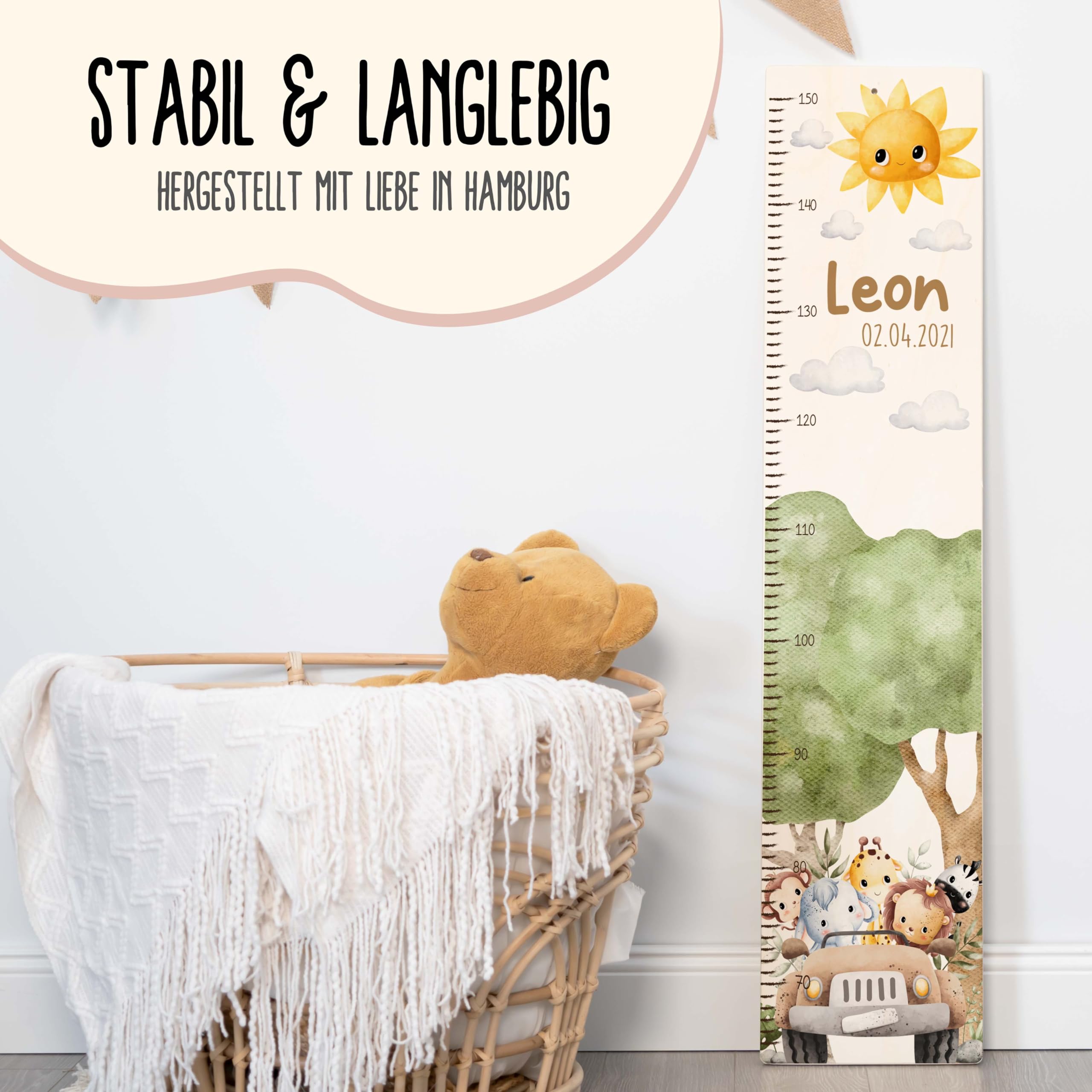 Messlatte für Kinder personalisiert - Kindermesslatte mit Namen, Wachstumsmesser für Kinderzimmer, Langlebig & Sicher, 70-140 cm