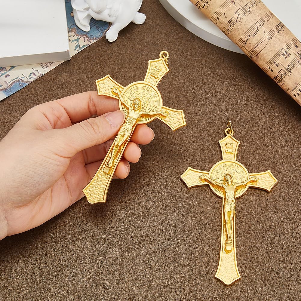 DICOSMETIC 2Pcs 11.8x7cm Metal Crucifix Wall Cross Saint Benedict Wall Crosses Golden Jesus Christ Crucifix Catholic Christian Cross Decor Easter Gifts for Women Men