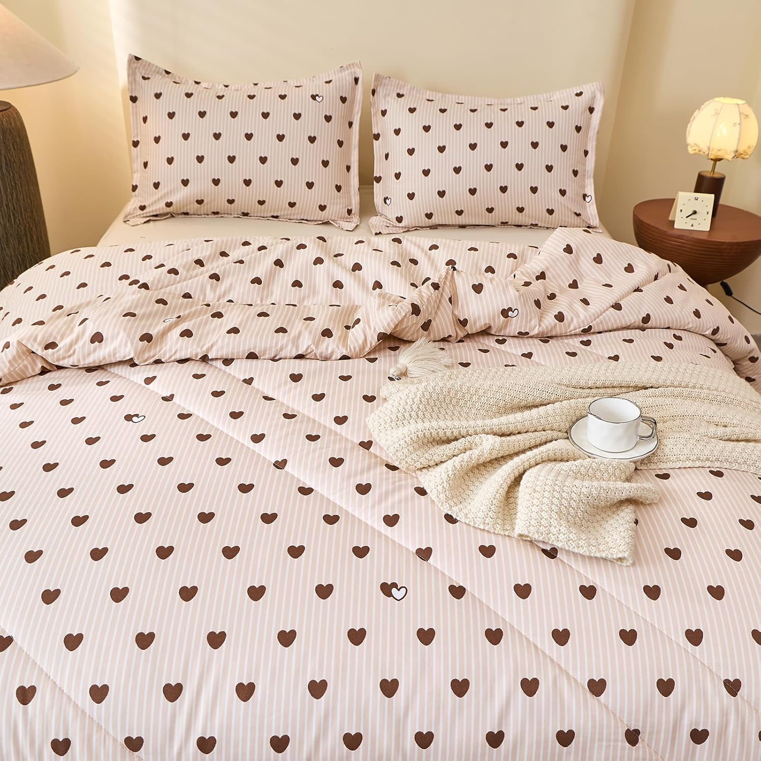 Caressma Brown Heart Print Comforter Set Full Size