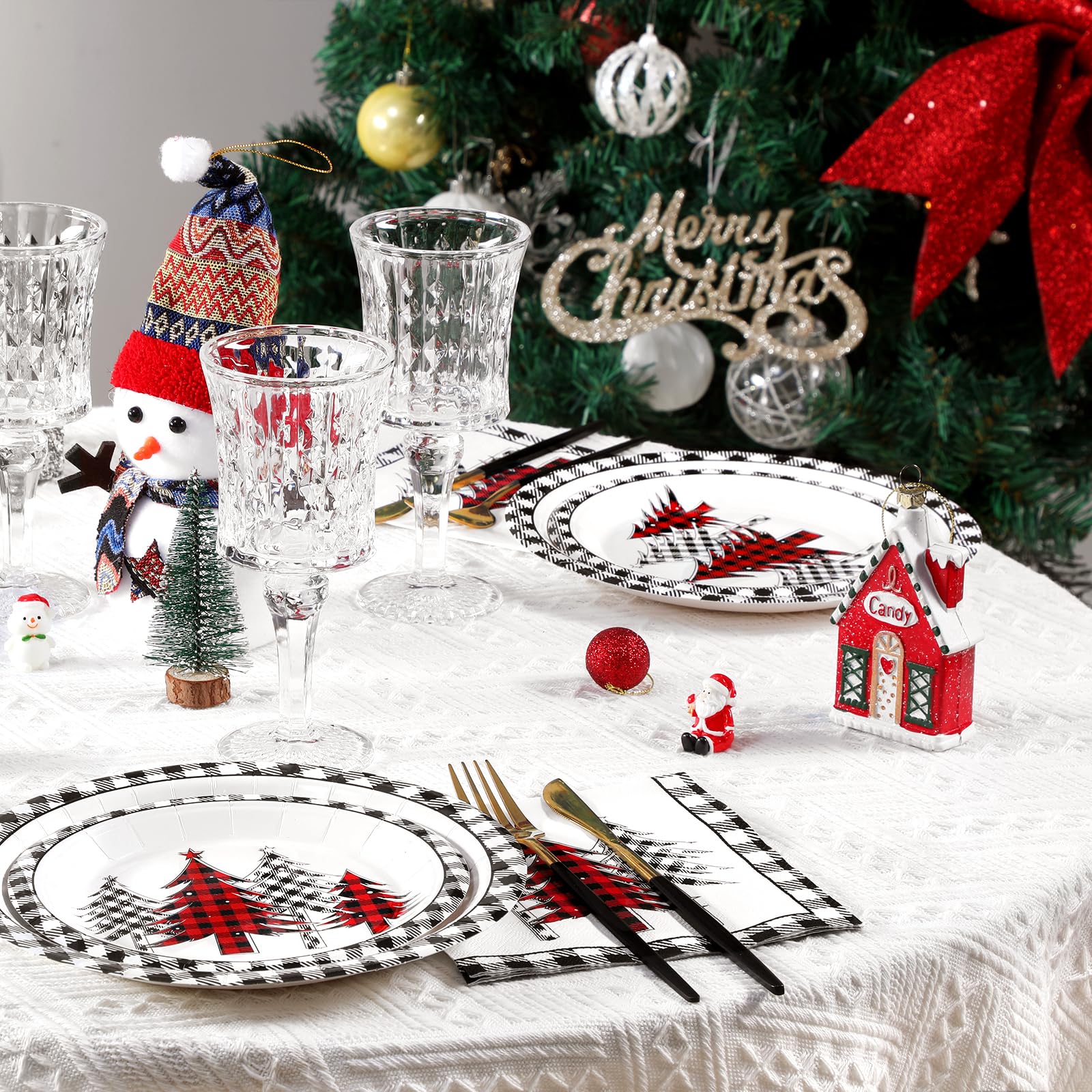 Homlouue Juego de 200 platos y servilletas de papel de Feliz Navidad, platos y servilletas desechables de árbol de Navidad, juego de vajilla desechable de Navidad, decoración de fiesta de Navidad,