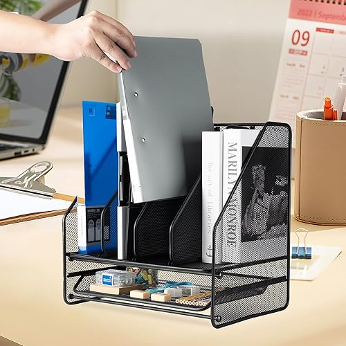Miniatura 3 de Organizador de escritorio de malla, soporte para archivadores, con 4 compartimentos verticales y 1 compartimento inferior, organizadores de