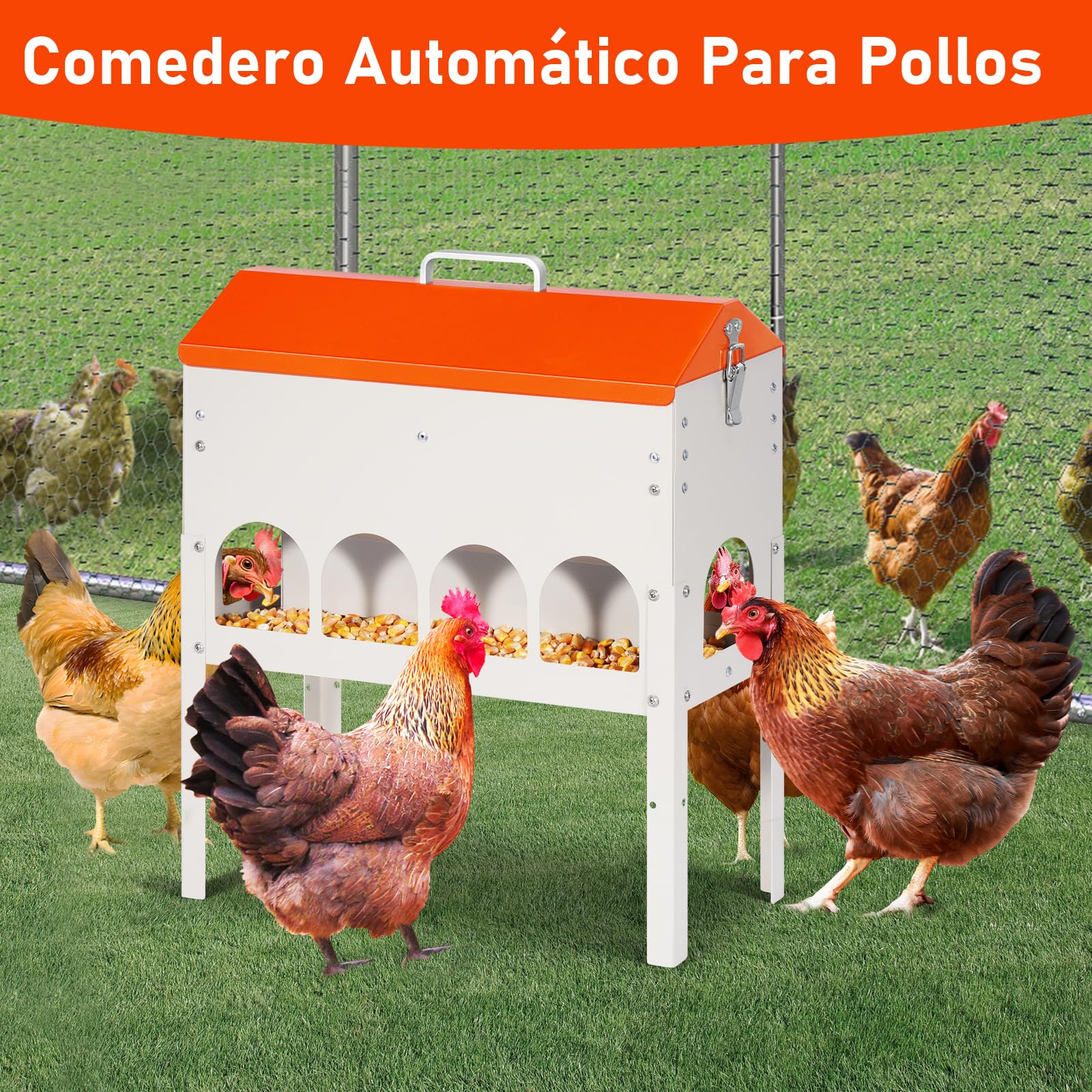 Comedero Gallinas Automatico con Patas, 5kg Tolva con 10 Puertos de Alimentación, Dispensador Automático de Pienso para Gallinas, Antidesperdicio, Comedero Metalico para Pollos, Patos