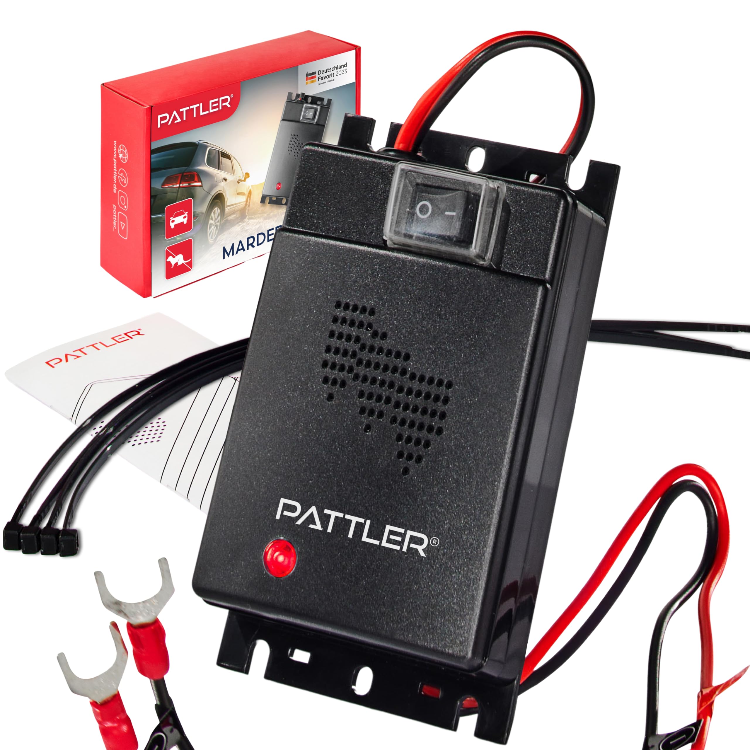 PATTLER® Marderschreck Auto - Marderabwehr mit Ultraschall. Anschluss an 12V Autobatterie. Sofortiger & Langfristiger Marderschutz im Motorraum
