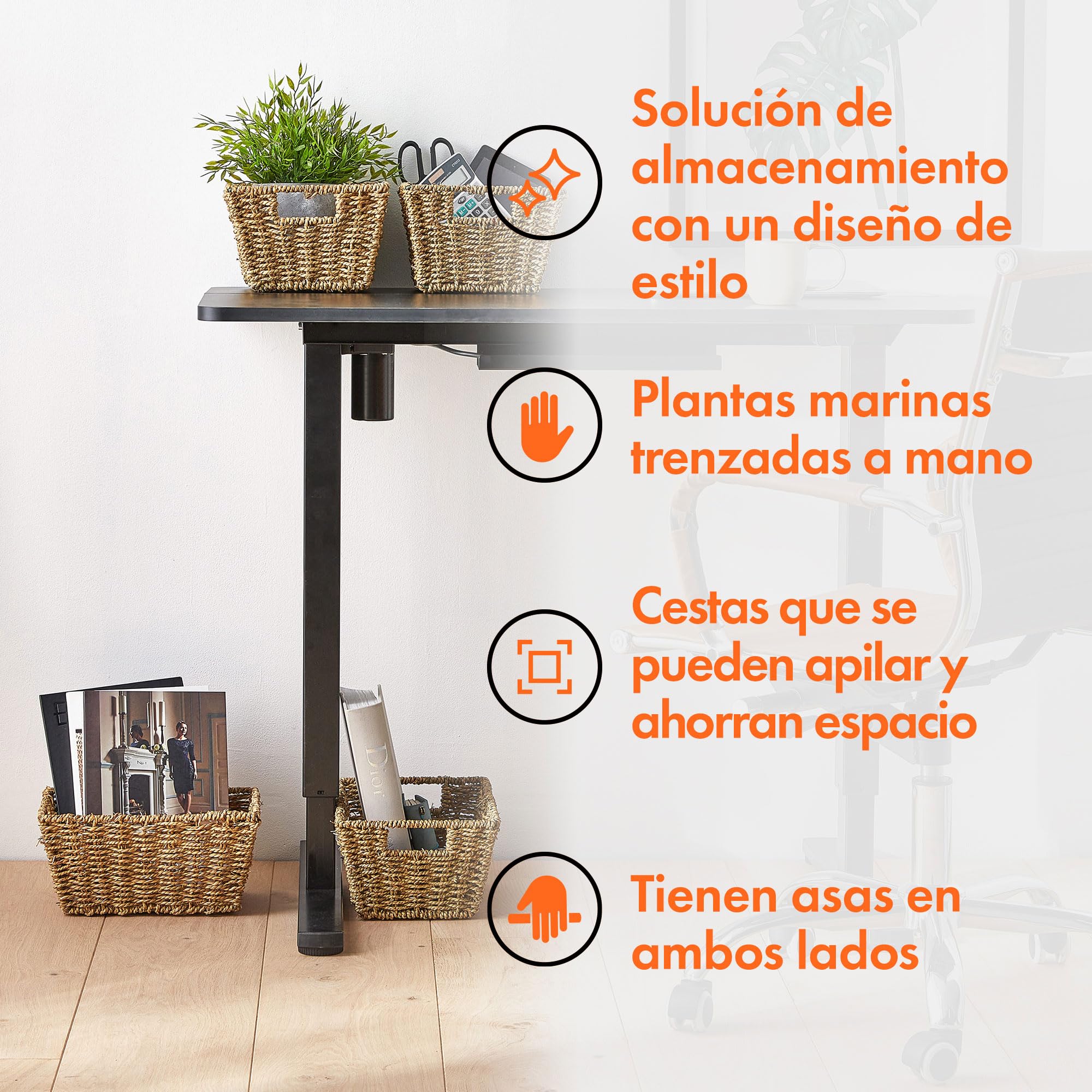 VonHaus Cestas de Almacenaje, Set de 4 Cestas de Junco Marino Natural Tejidas a Mano - Almacenaje de Baño Para Estanterías - Organizadoras con Asas para Dormitorio y Oficina