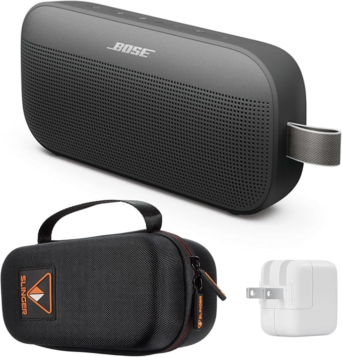 Bose SoundLink Flex Portable Bluetooth Speaker (2nd Gen), Outdoor Speaker with Hi-Fi Audio, Up to 12 Hours Battery, Waterproof and Dustproof, with Slinger Hard Travel Case & USB Plug (Black)