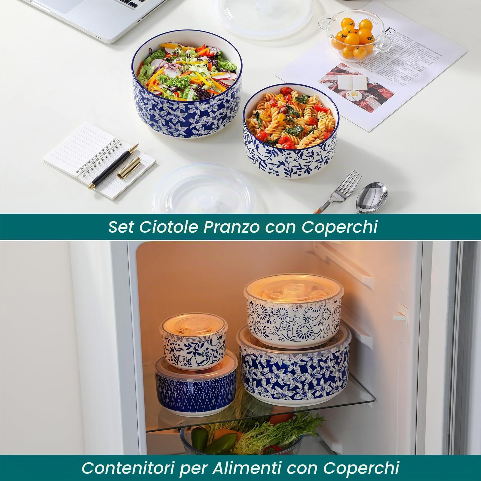 vancasso SELENE - Set di 4 Contenitori per Alimenti, Lunch Box in Ceramica, Contenitori per la Cucina, Ideali per cereali, insalate, zuppe, Utilizzabili in microonde e congelatore - Bianco e Blu