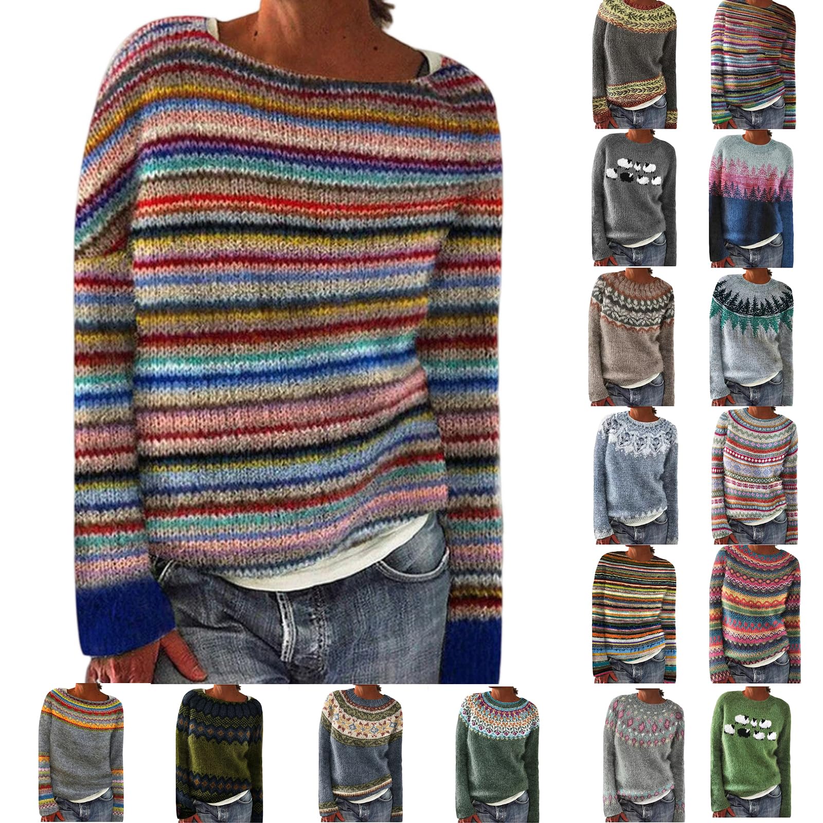 Cable Knit Sweaters for Women 2025 Color Block Fall Tops Trendy Vintage Warm Sweater Basic Round Neck Clothes