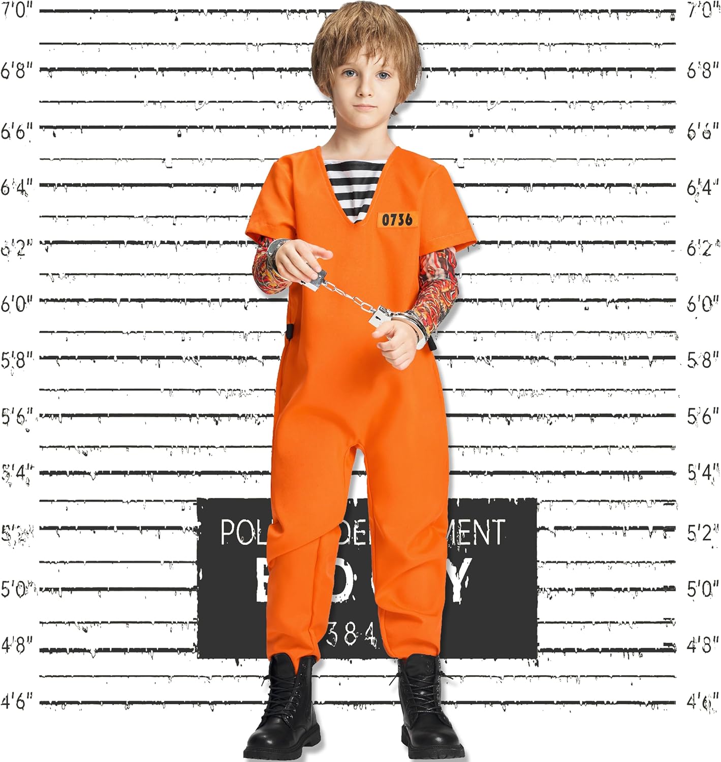 Kids Prisoner Costume, 4 Pcs Convict Jail Jumpsuit Handcuffs Escaped Set for Boys Girls Halloween Dress Up 3-10Y - Image 2
