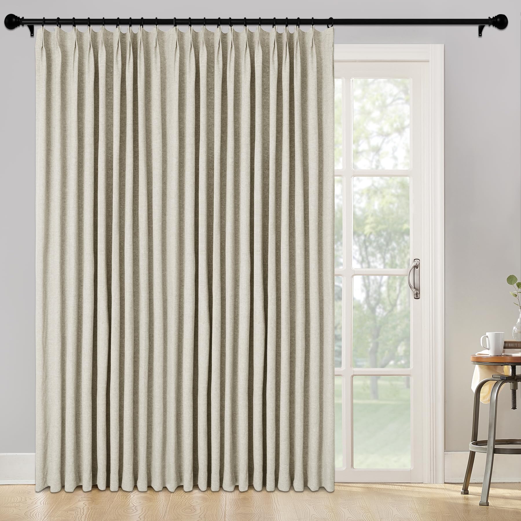 Fcosie Extra Wide 100% Blackout Linen Textured Curtain, W180 xL84 (1 Panel), Pinch Pleat Drapes for Living Room, Full Light Block Out Curtains for