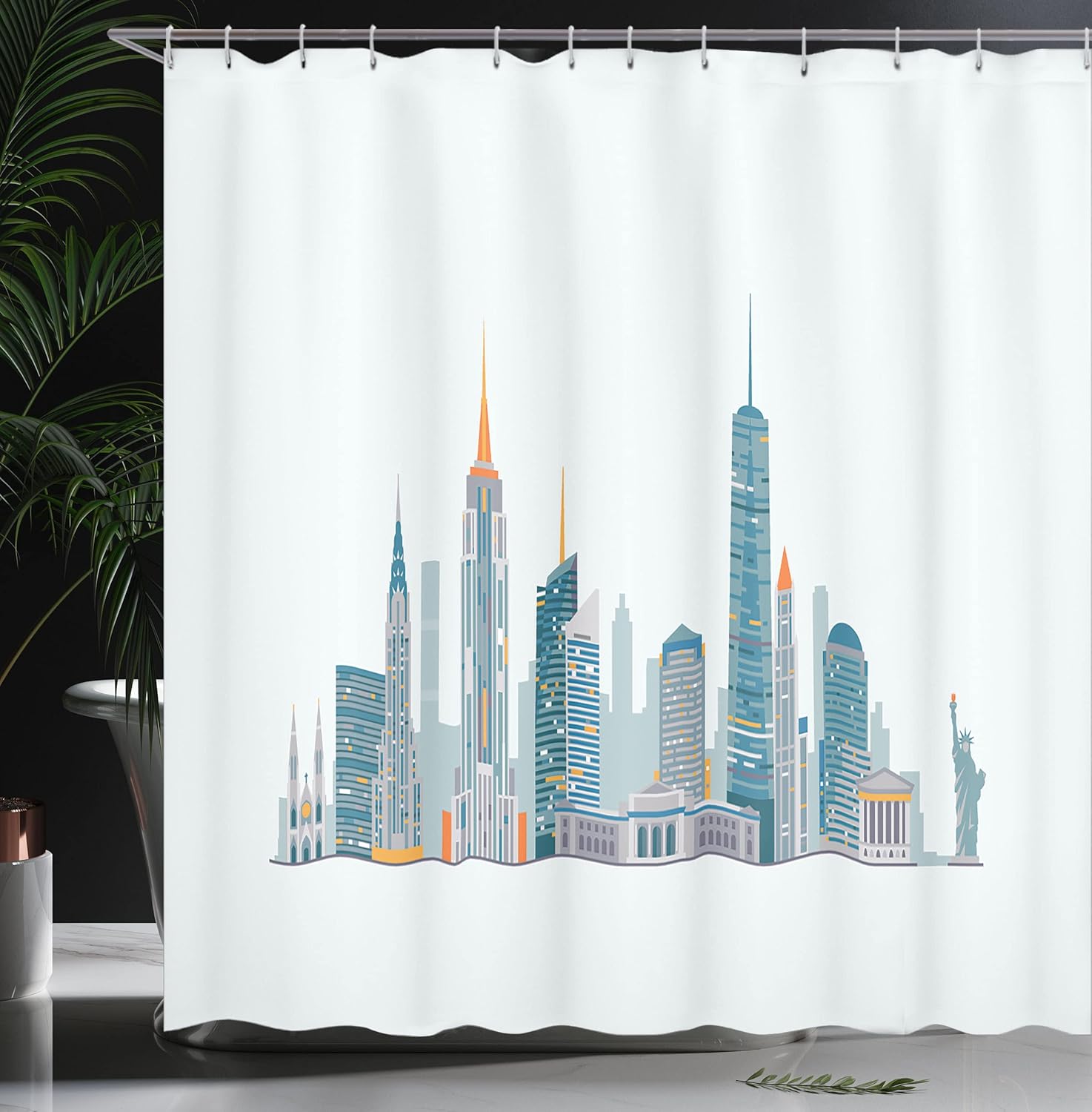 Ambesonne NYC Shower Curtain, Megacity New York Big Apple Famous Landmarks Simplistic Cityscape Illustration, Cloth Fabric Bathroom Decor Set with Hooks, 69" W x 70" L, Petrol Blue Orange