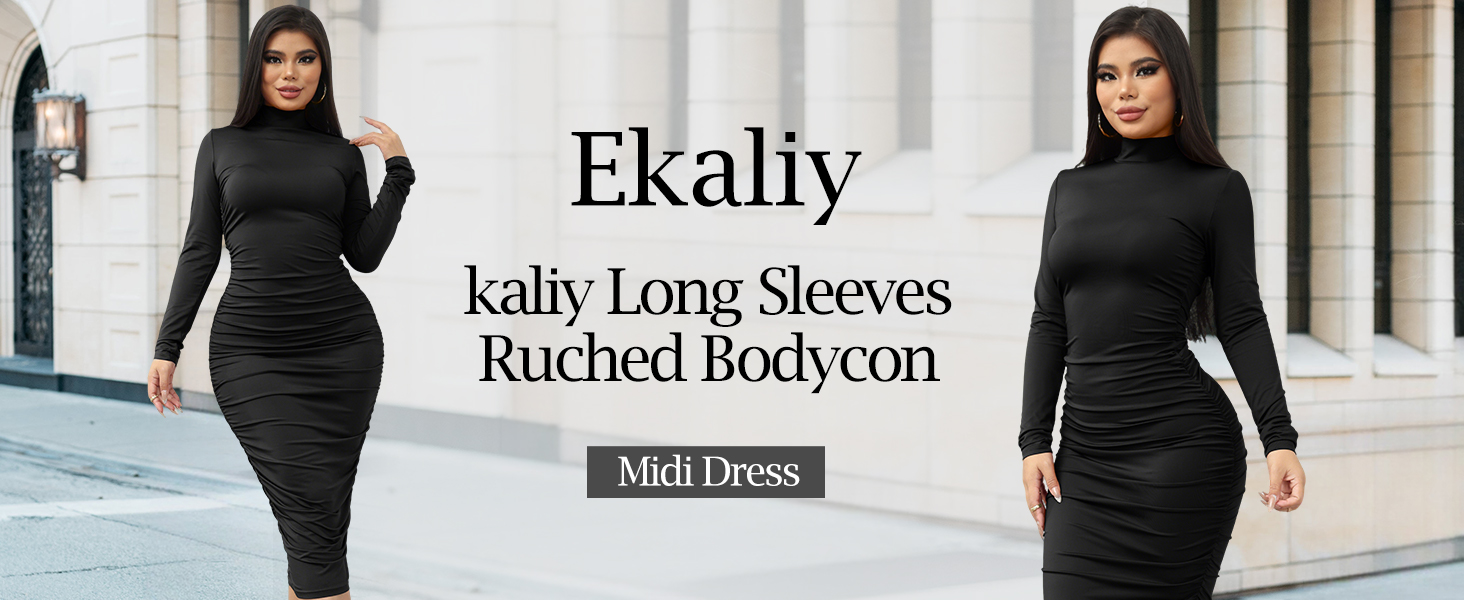 chinese dress ladies Ruched Bodycon Midi Dress Black / Xs