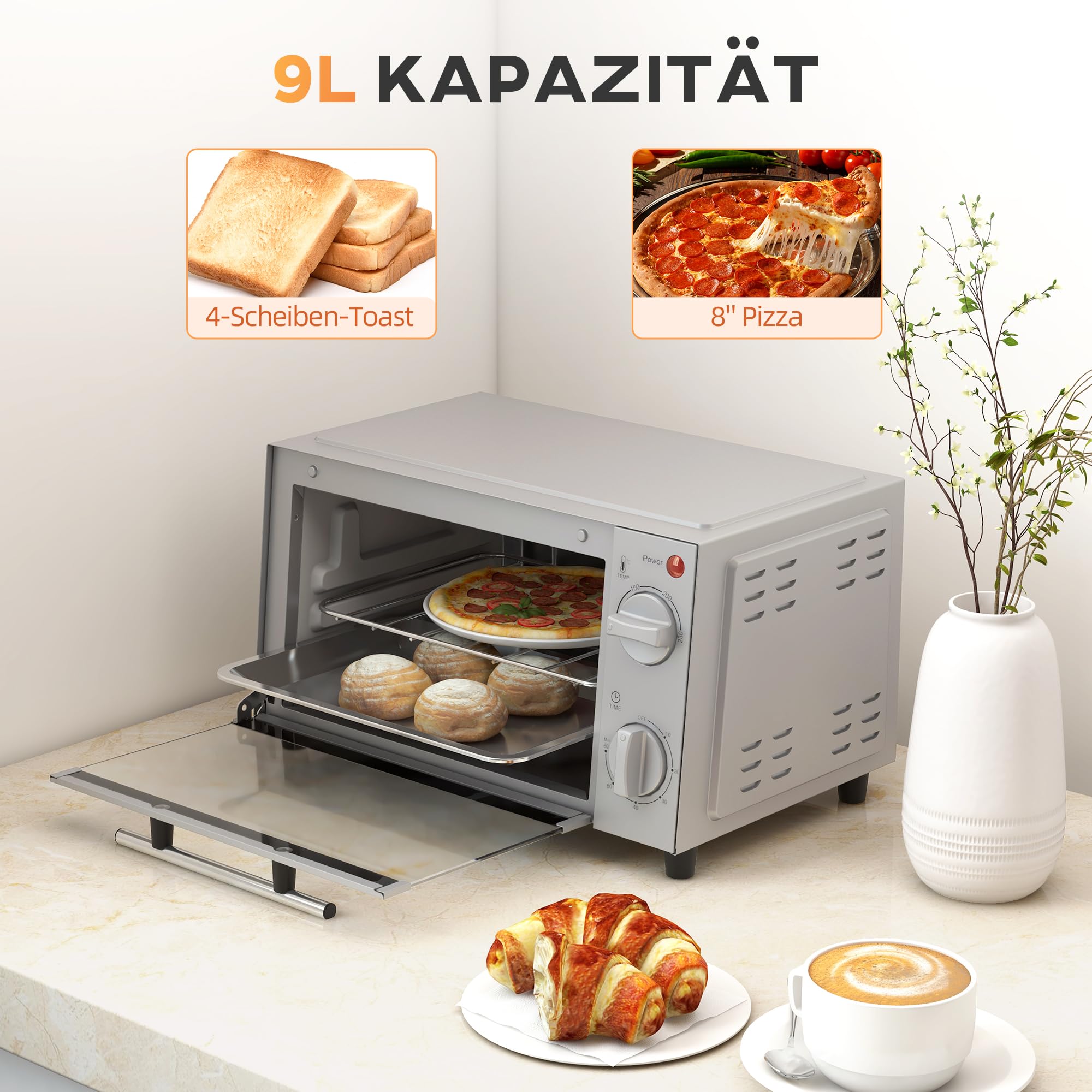 HOMCOM Mini-four 9L Mini four avec plaque de cuisson, grille, 100 °C-230 °C, avec température et durée de cuisson réglables, minuterie 60 min, 750W, inox, argent