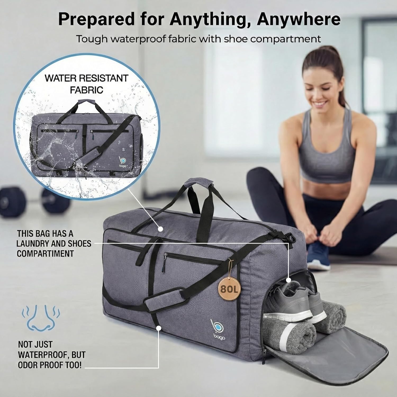 Bago Large Duffle Bag for Travel Women & Men. Durable Lightweight Foldable Travel Duffel Bags For Traveling Women. 80L Duffle Bags For Overnight Bag With Shoe Compartment Collapsible Weekender duffel