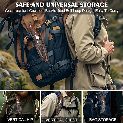 Miniatura 8 de Cuchillo de caza de Damasco hecho a mano, cuchillo Bowie de hoja fija de 10.4 pulgadas con funda, cuchillos de acero de Damasco real con núcleo VG10