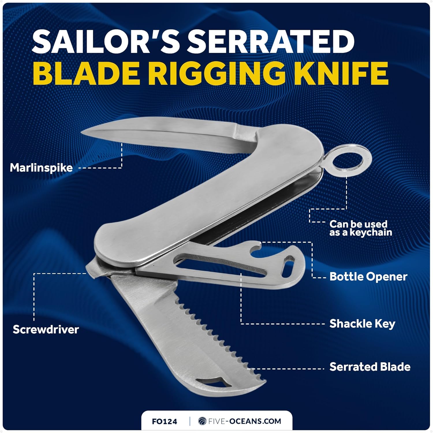 Five Oceans Marlin Spike Rigging Knife - Multipurpose Marlin Spike Knife, Serrated Blade Rigging Knife, Boat Deck Knife, Survival Tool for Outdoor Activities, Unique Gift for Sailor - FO124
