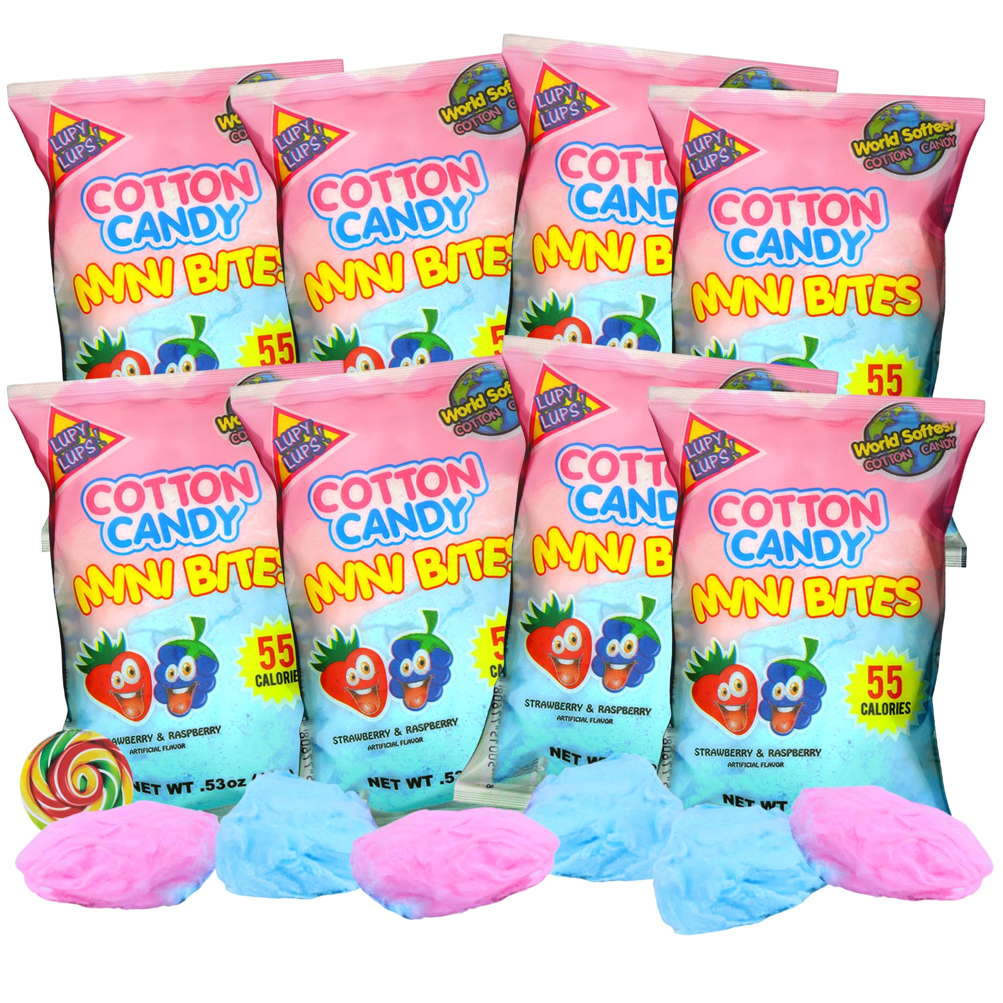 Needzo Cotton Candy Mini Bites, Strawberry and Raspberry Flavored Treats, Bulk Party Favors, Swirl Sticker Included, 0.53 Ounces, (Pack of 8)