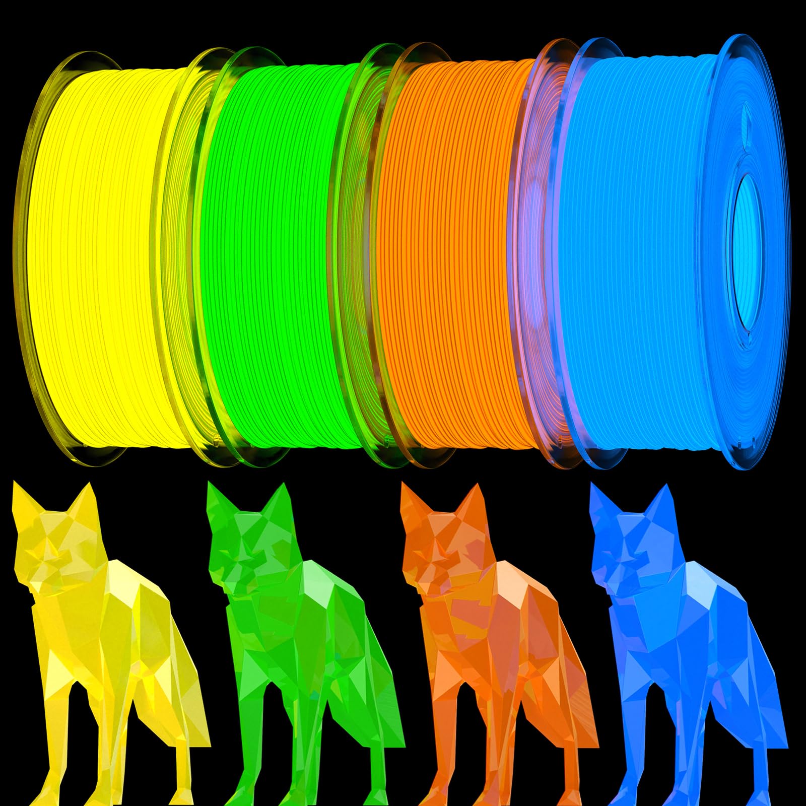 Haosegd 95A TPU 3D Printer Filament Bundle,Glow in The Dark Blue,Green,Orange,Yellow, Each Spool 0.25kg, 4 Spools,Total 1KG,Dimensional Accuracy +/-