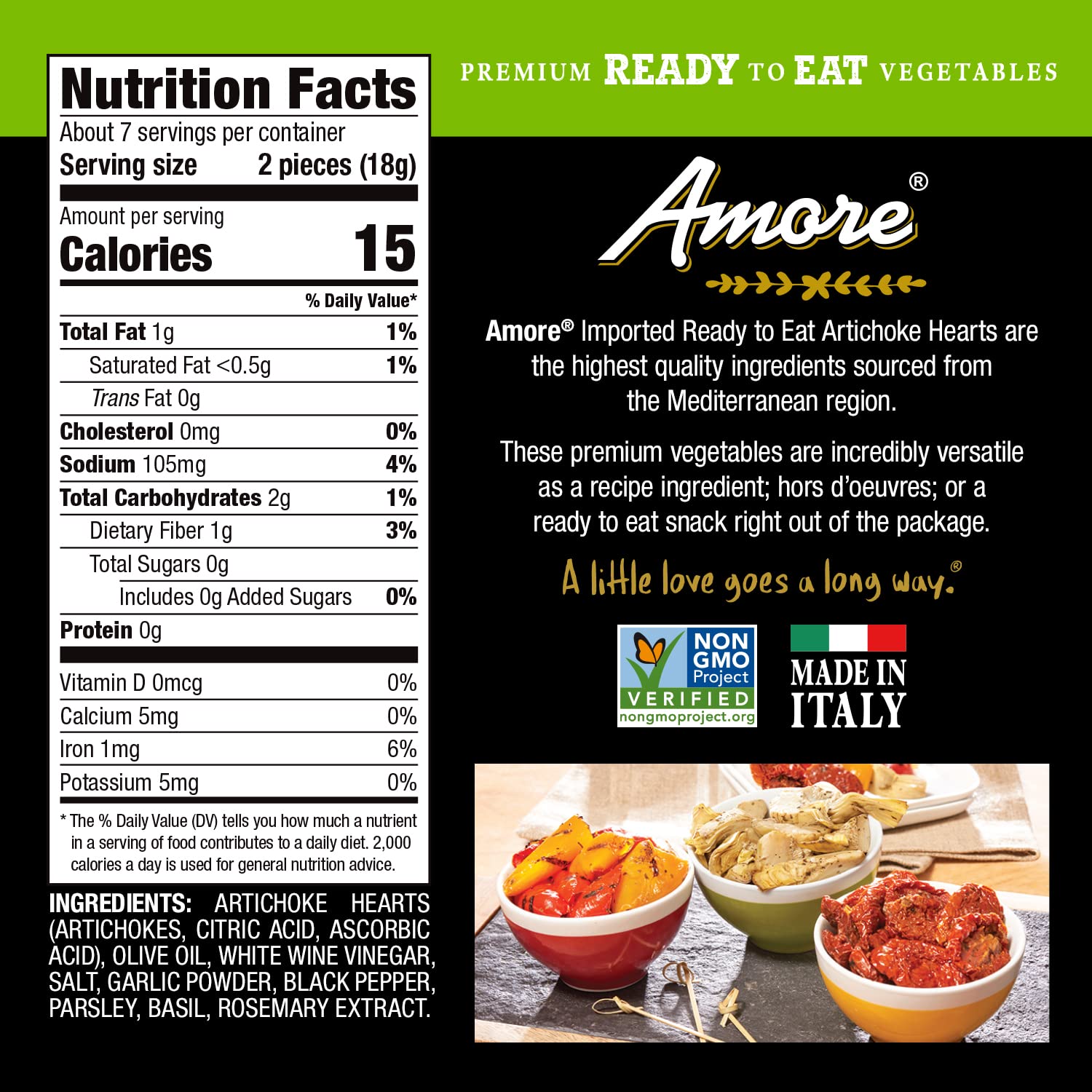Amore Artichoke Hearts Vegan - Non GMO Certified Ready-to-Eat Herb Infused Vegetables In Resealable Bags, 4.4 Ounce (Pack of 10)