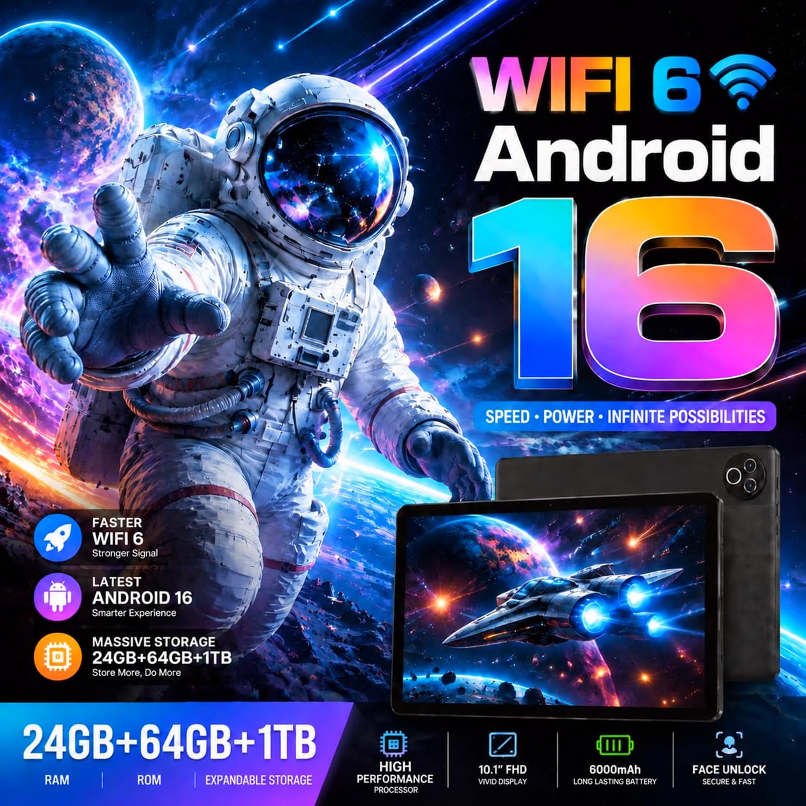 Android 16 Tablet 10,1 Zoll, 24GB RAM, 64GB ROM, WiFi 6, 6000mAh
