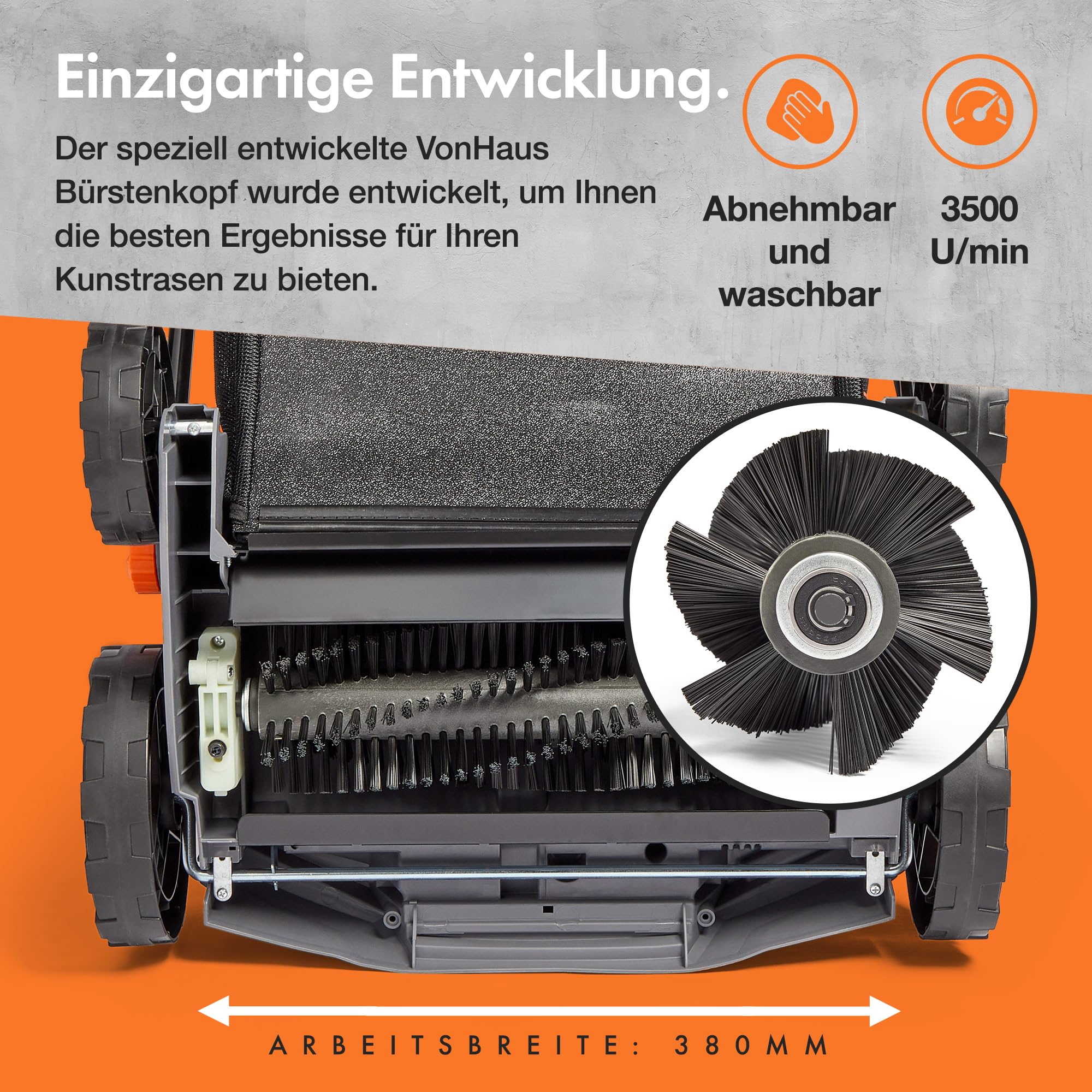 VonHaus Hochleistungs-Kunstrasenbürste 1800W, Laubsammler für Kunstrasen, Elektrische Kunstrasen Kehrmaschine Reiniger, 45 L Fangsack, 5 Einstellbare Höhen, 380 mm Arbeitsbreite, Klappbarer Handgriff